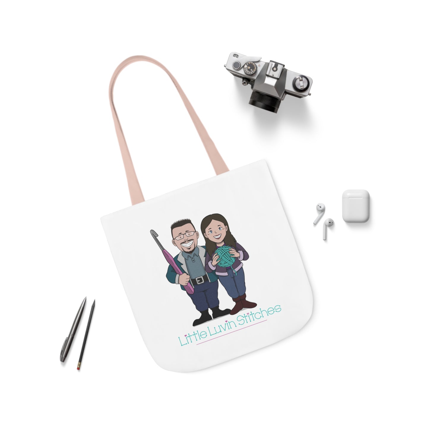 Crochet Couple Canvas Tote Bag, 5-Color Straps, 3 Sizes