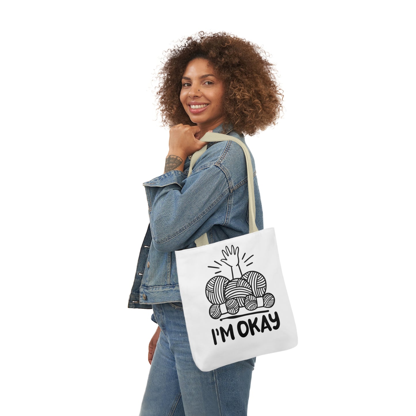 I'm Okay Cute Crochet Themed Canvas Tote Bag, 5-Color Straps