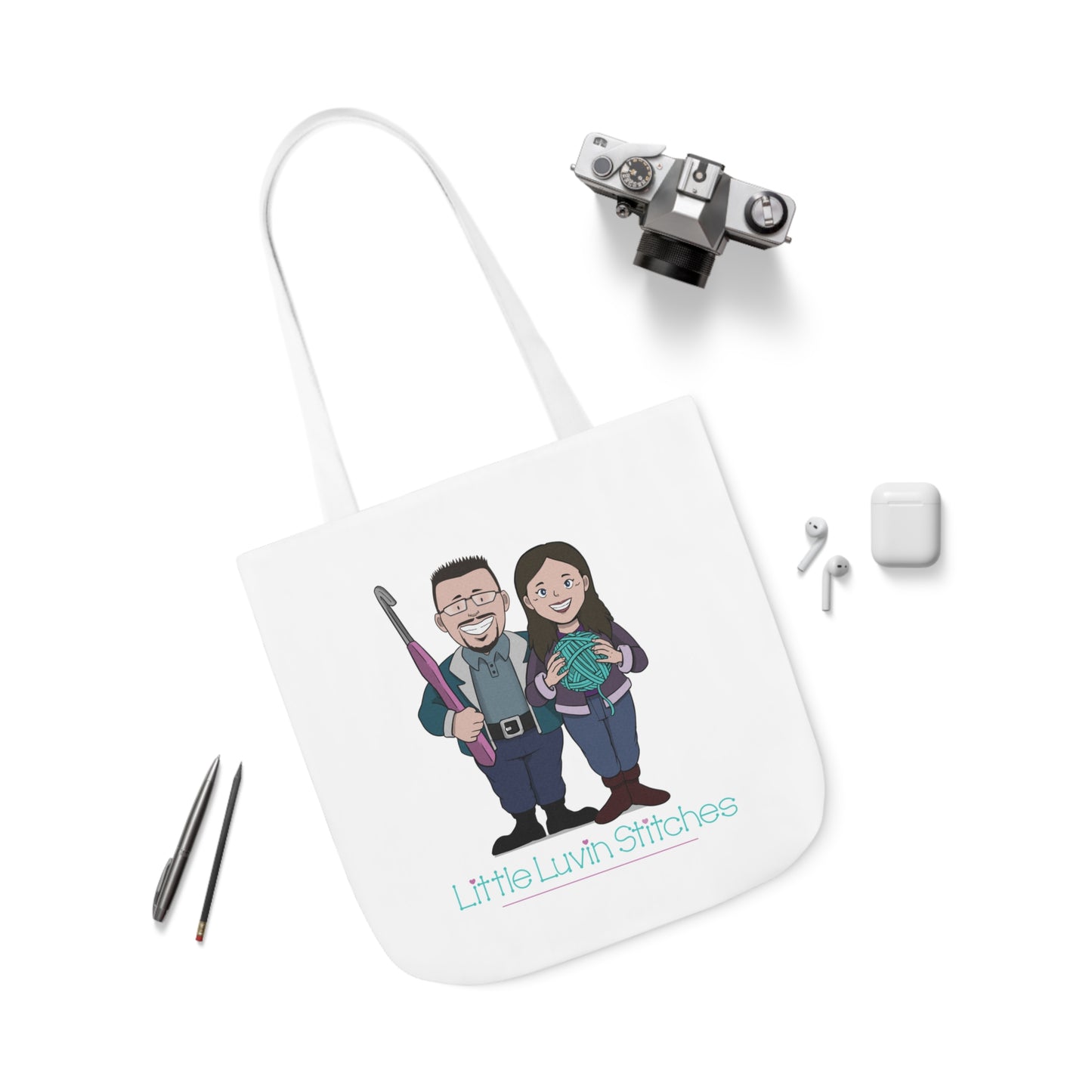Crochet Couple Canvas Tote Bag, 5-Color Straps, 3 Sizes