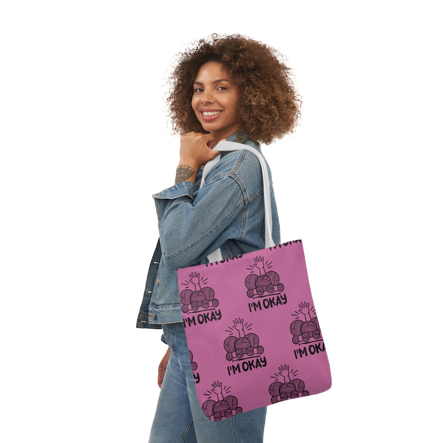 I'm Okay Pattern Canvas Tote Bag, 5-Color Straps, 3 Background Colors, 3 Sizes