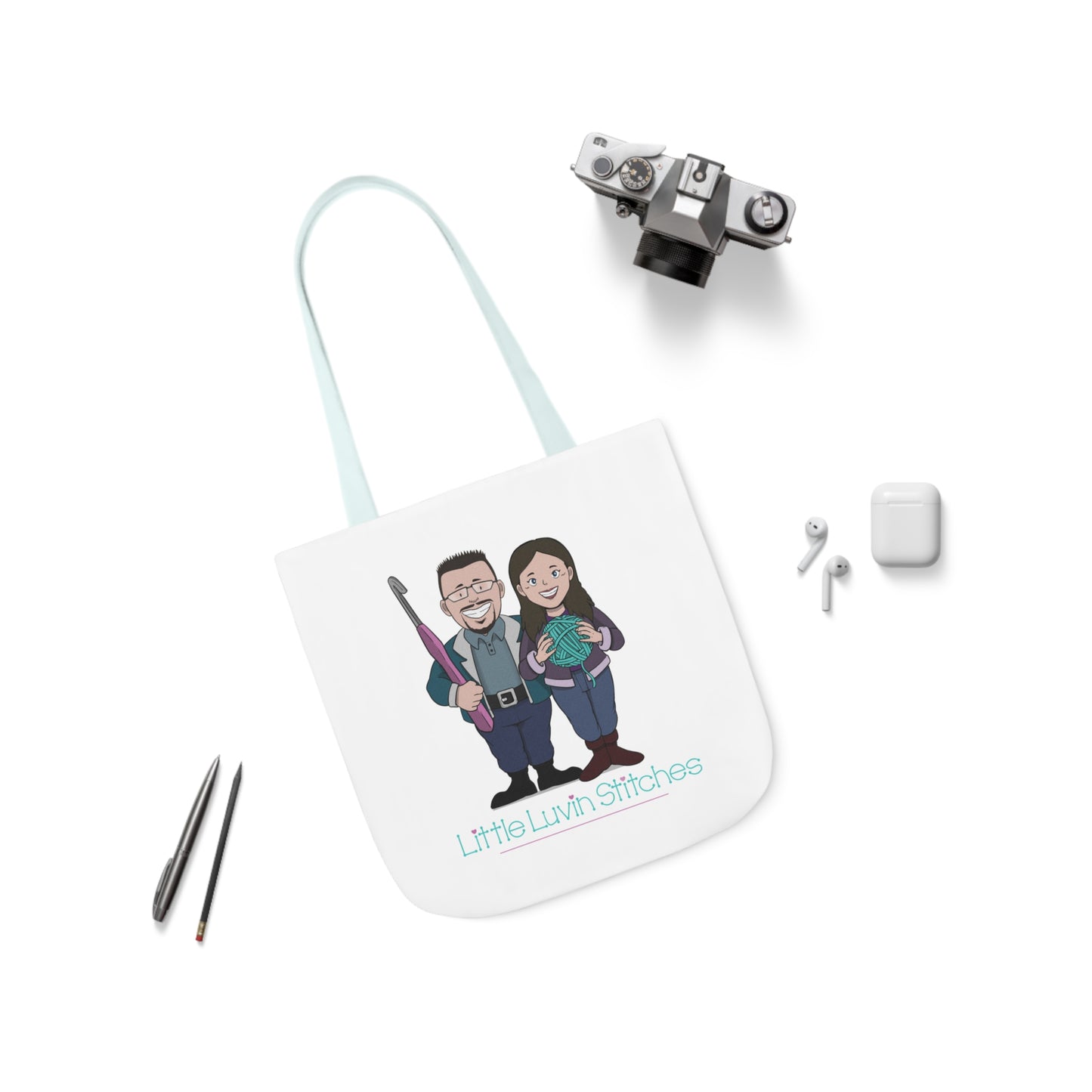 Crochet Couple Canvas Tote Bag, 5-Color Straps, 3 Sizes