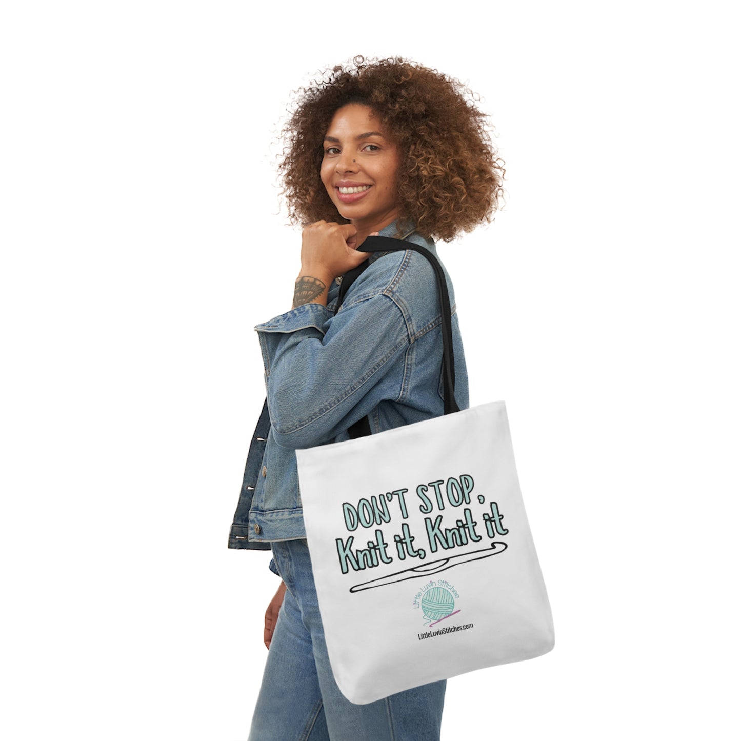 Don't Stop Knit It Knit It Funny Saying Canvas Tote Bag, 5-Color Straps, 3 Sizes