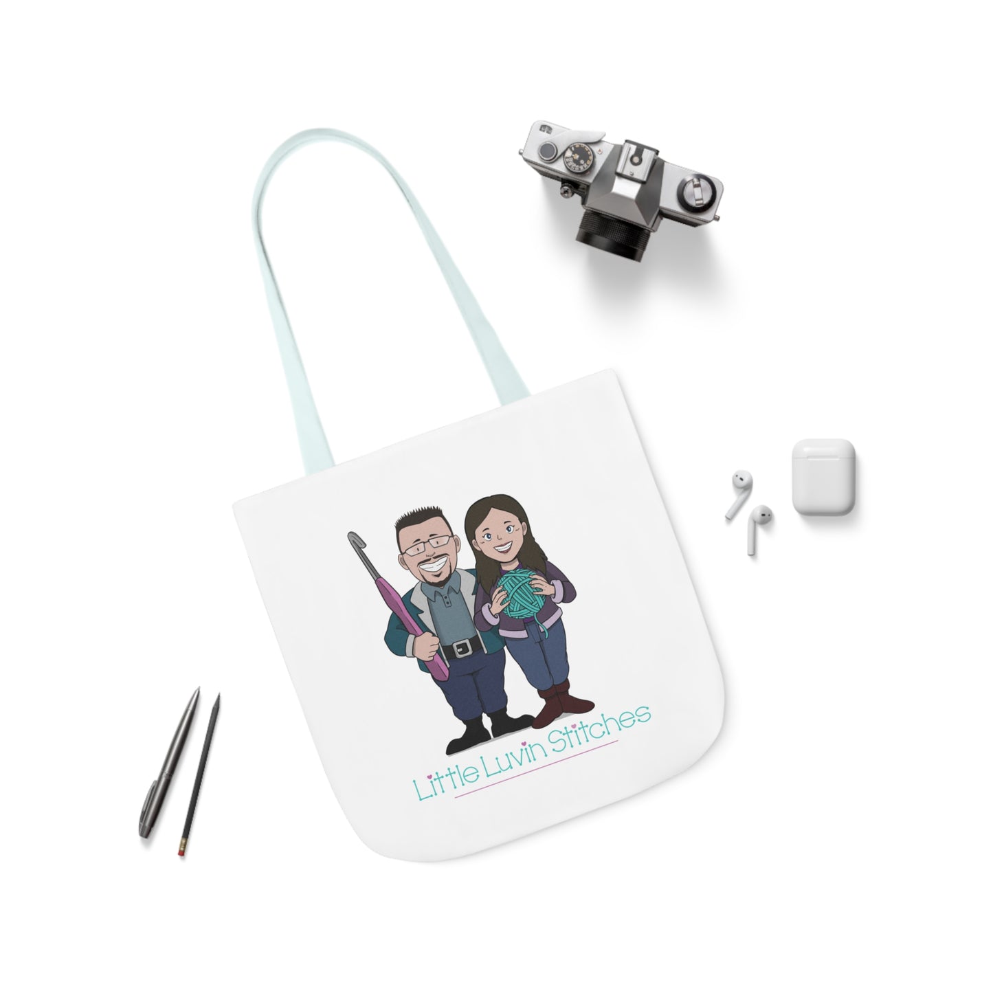 Crochet Couple Canvas Tote Bag, 5-Color Straps, 3 Sizes