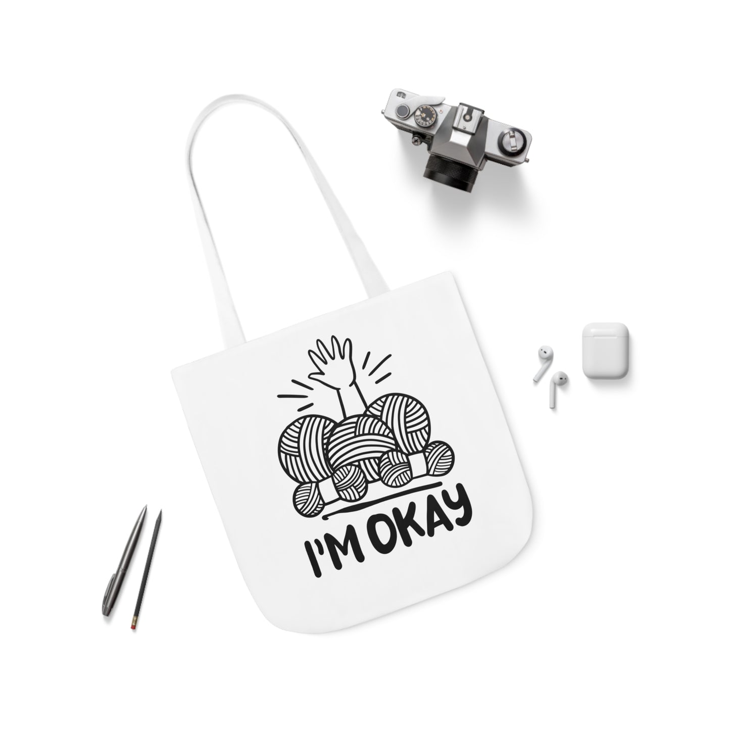I'm Okay Cute Crochet Themed Canvas Tote Bag, 5-Color Straps