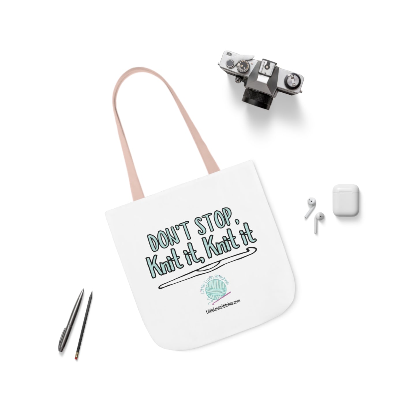Don't Stop Knit It Knit It Funny Saying Canvas Tote Bag, 5-Color Straps, 3 Sizes
