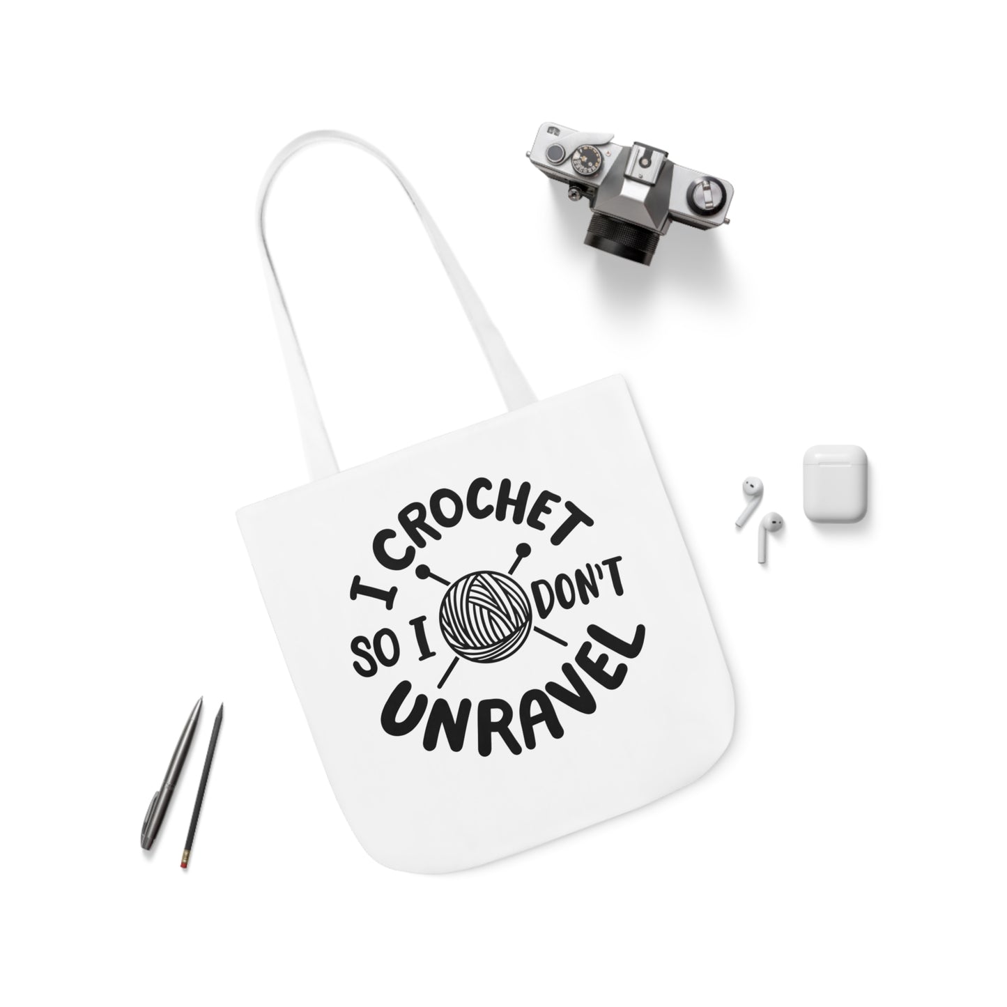I Crochet So I Don't Unravel Cute Canvas Tote Bag, 5-Color Straps, 3 Sizes, Yarn Bag