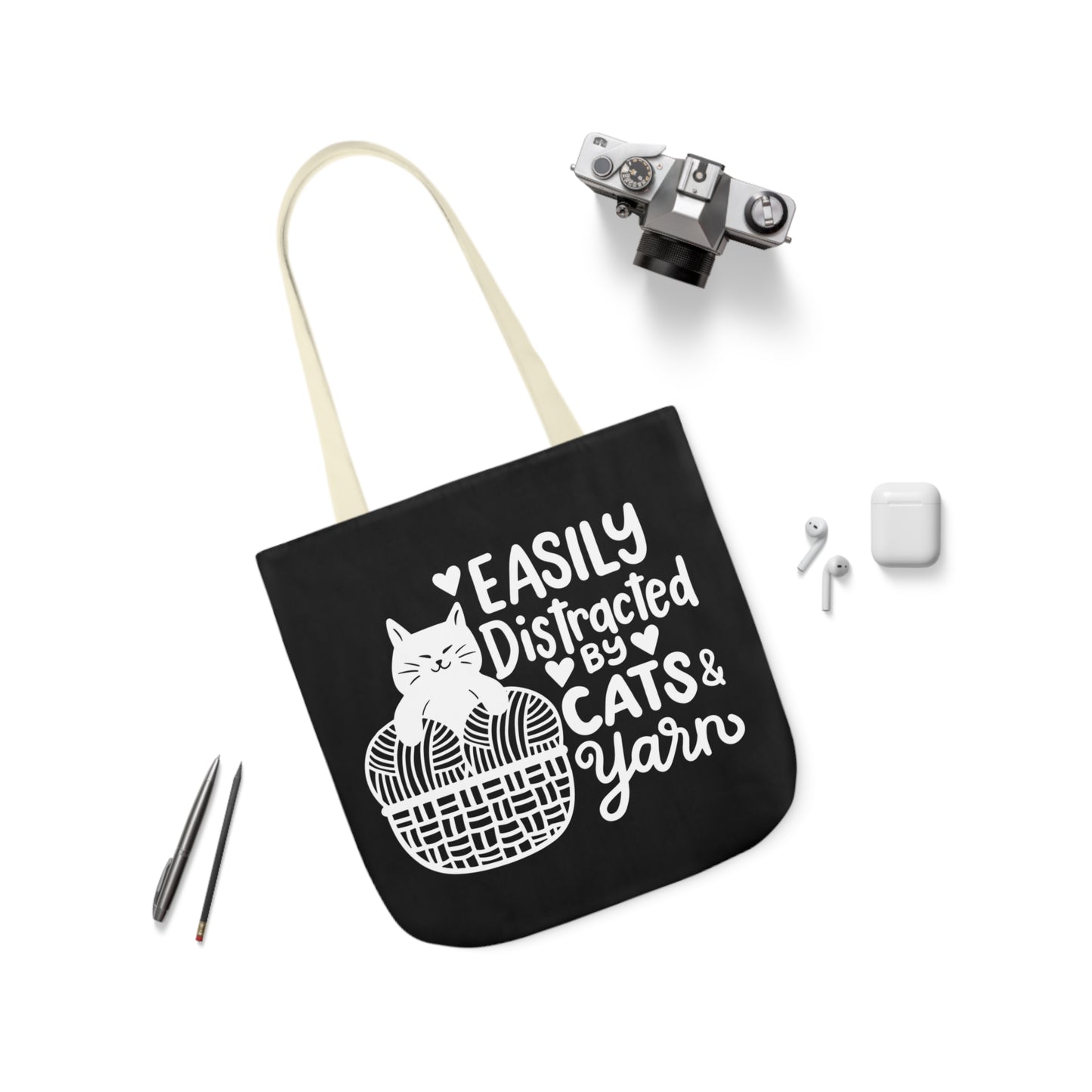 Easily distracted By Cats and Yarn, Canvas Tote Bag, 5-Color Straps, 3 Sizes Yarn Bag