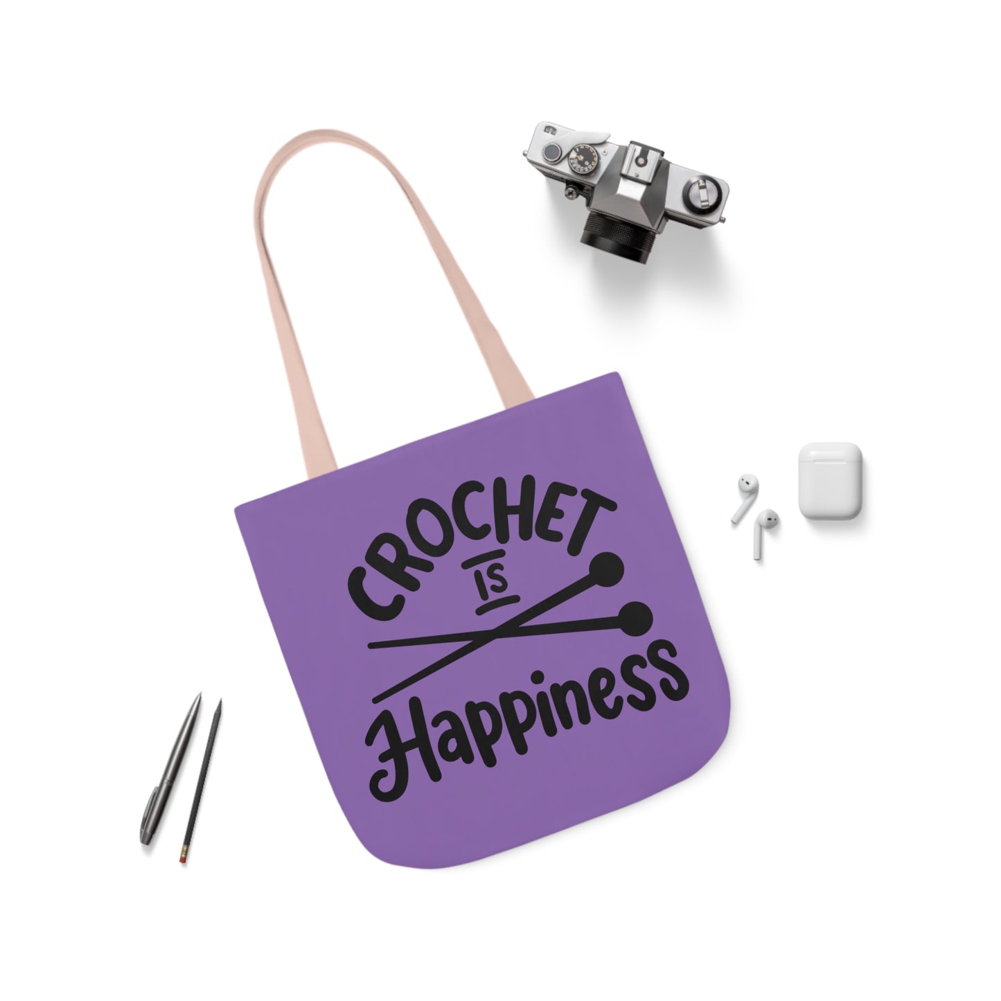 Crochet is Happiness Canvas Tote Bag, 5-Color Straps, 3 Sizes