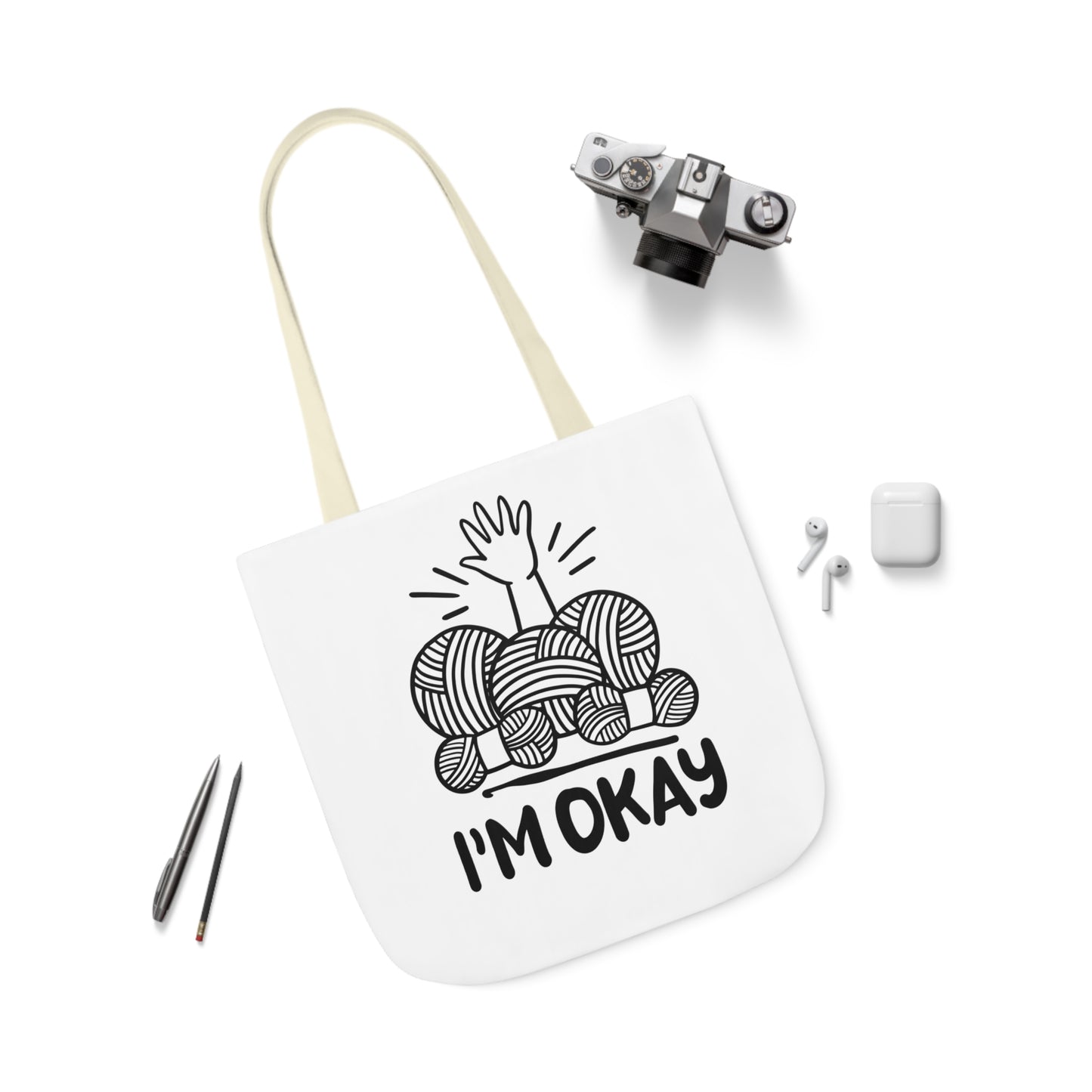 I'm Okay Cute Crochet Themed Canvas Tote Bag, 5-Color Straps