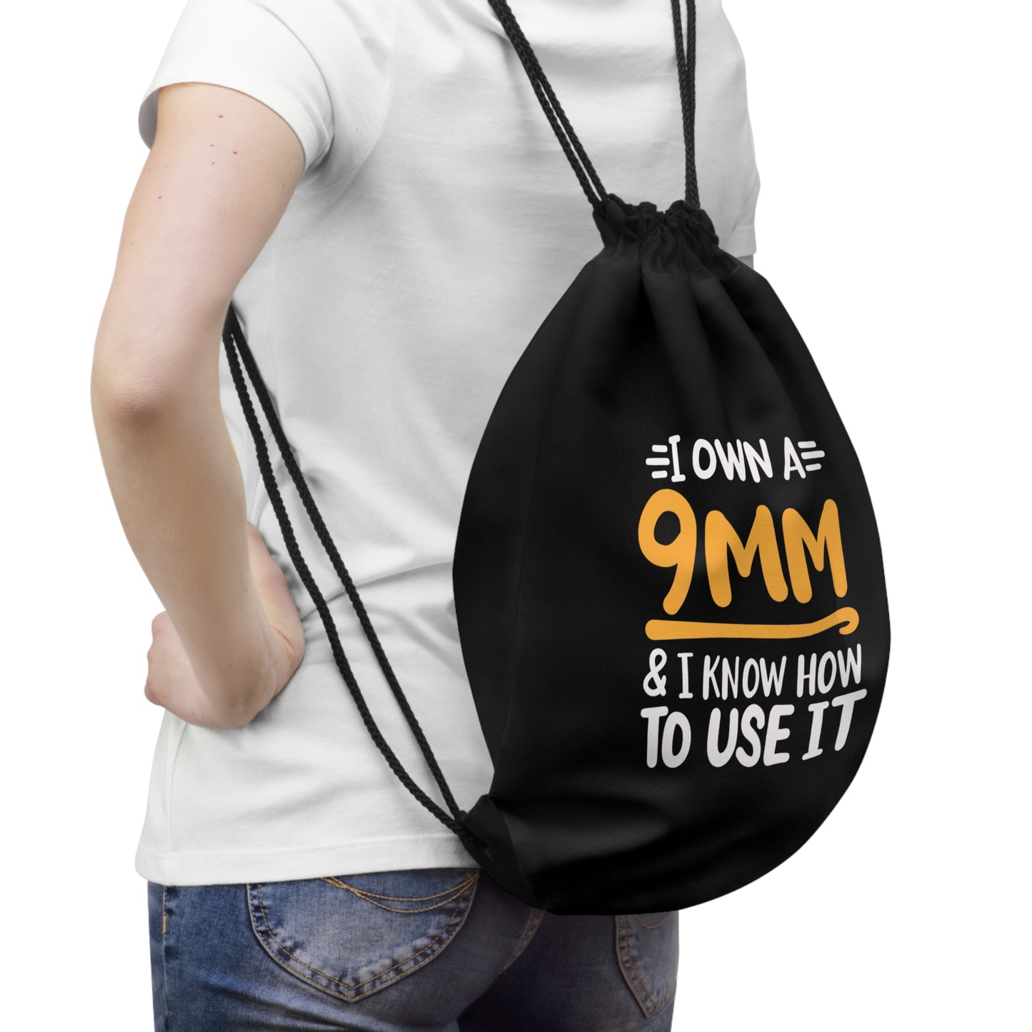 Black Drawstring Bag, I Own A 9mm, And I know How To Use It, Funny Crochet Saying Bag