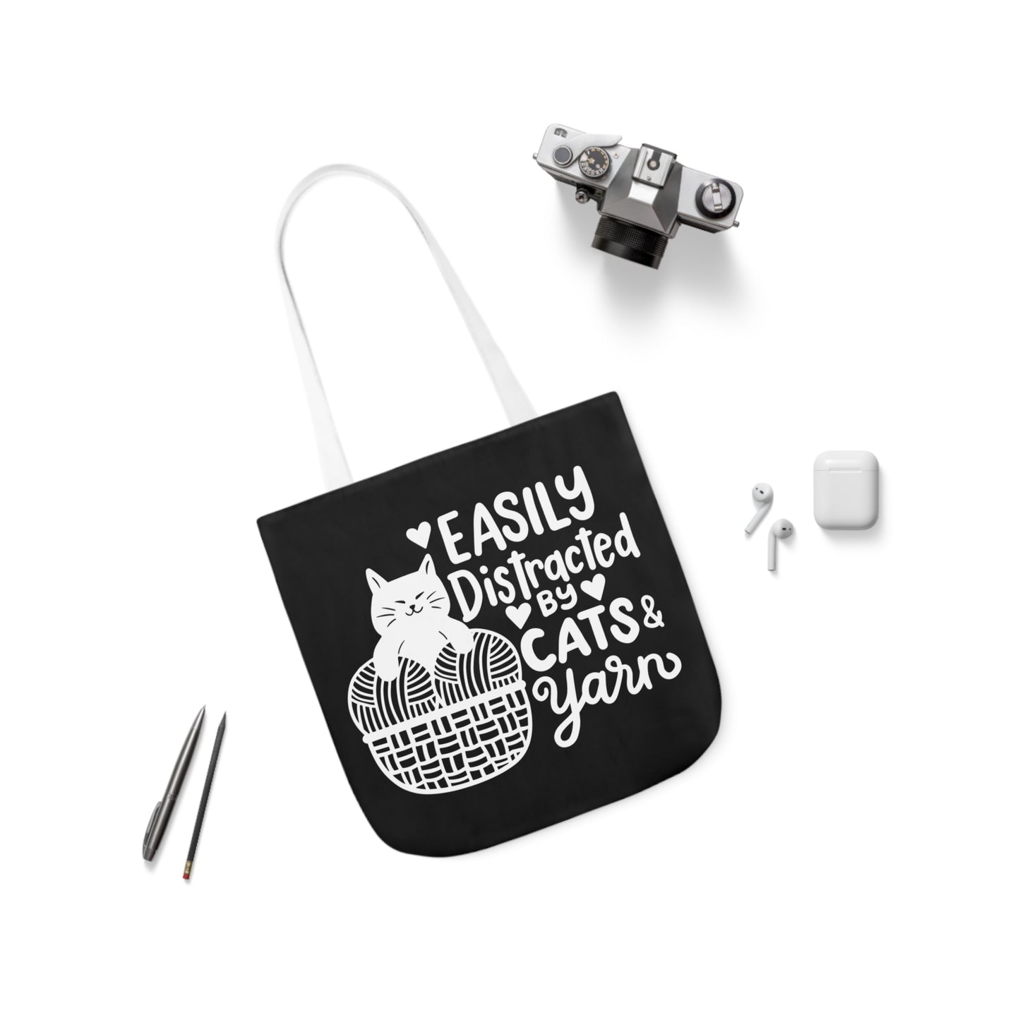 Easily distracted By Cats and Yarn, Canvas Tote Bag, 5-Color Straps, 3 Sizes Yarn Bag