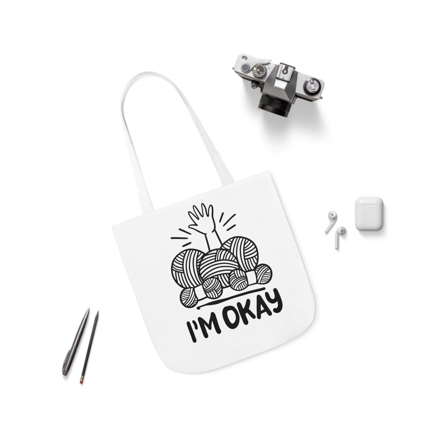 I'm Okay Cute Crochet Themed Canvas Tote Bag, 5-Color Straps