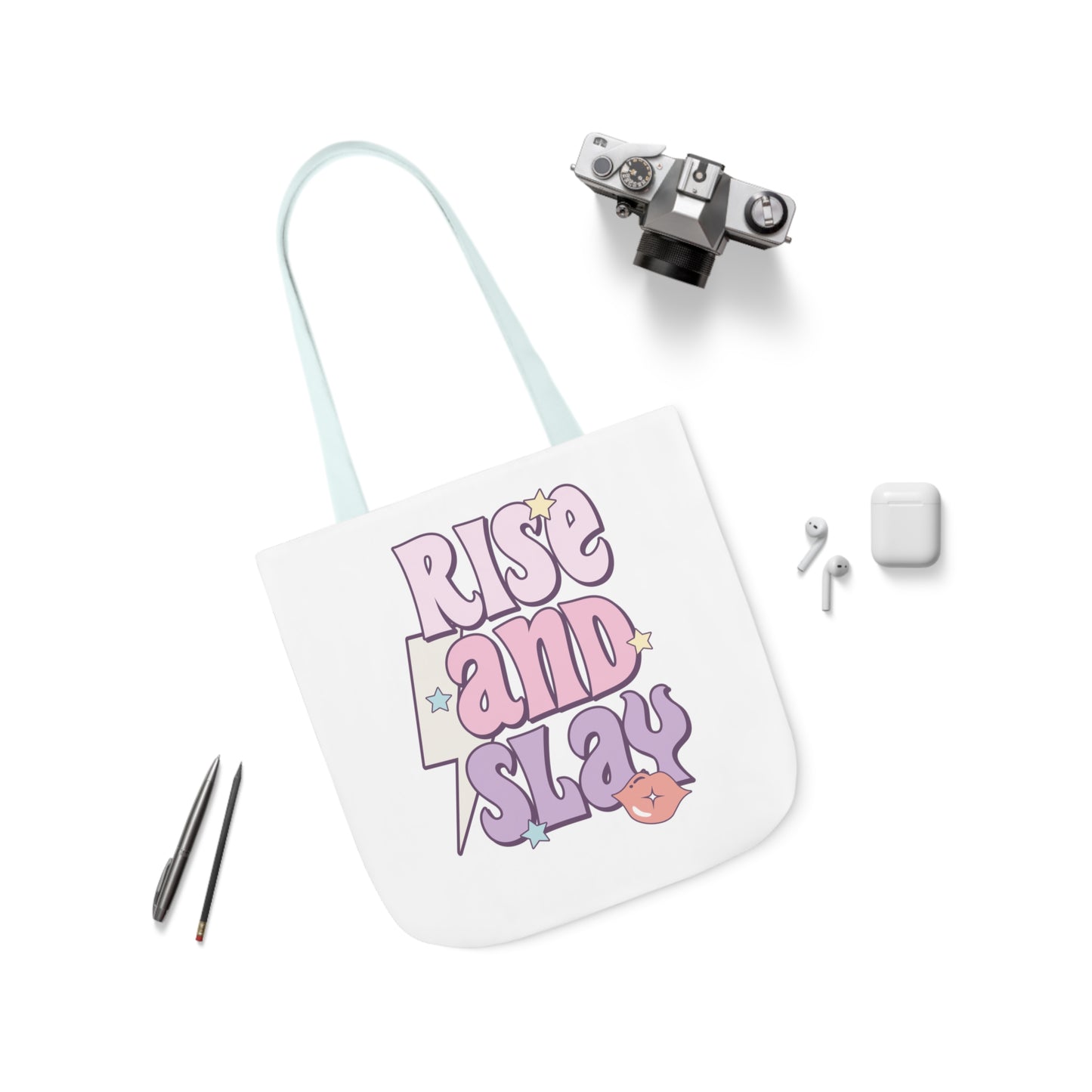Canvas Tote Bag, 5-Color Straps, 3 Sizes, Rise and Slay, Cute Saying Bag