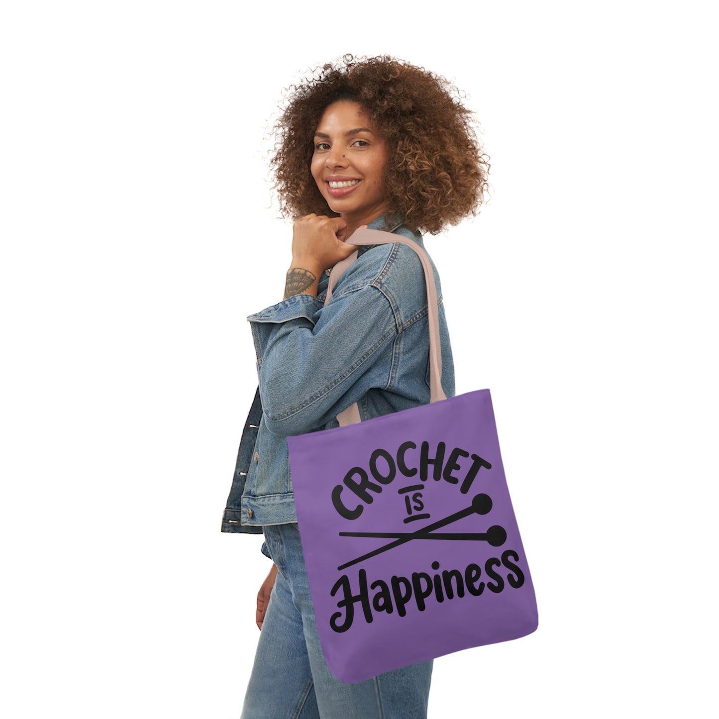 Crochet is Happiness Canvas Tote Bag, 5-Color Straps, 3 Sizes