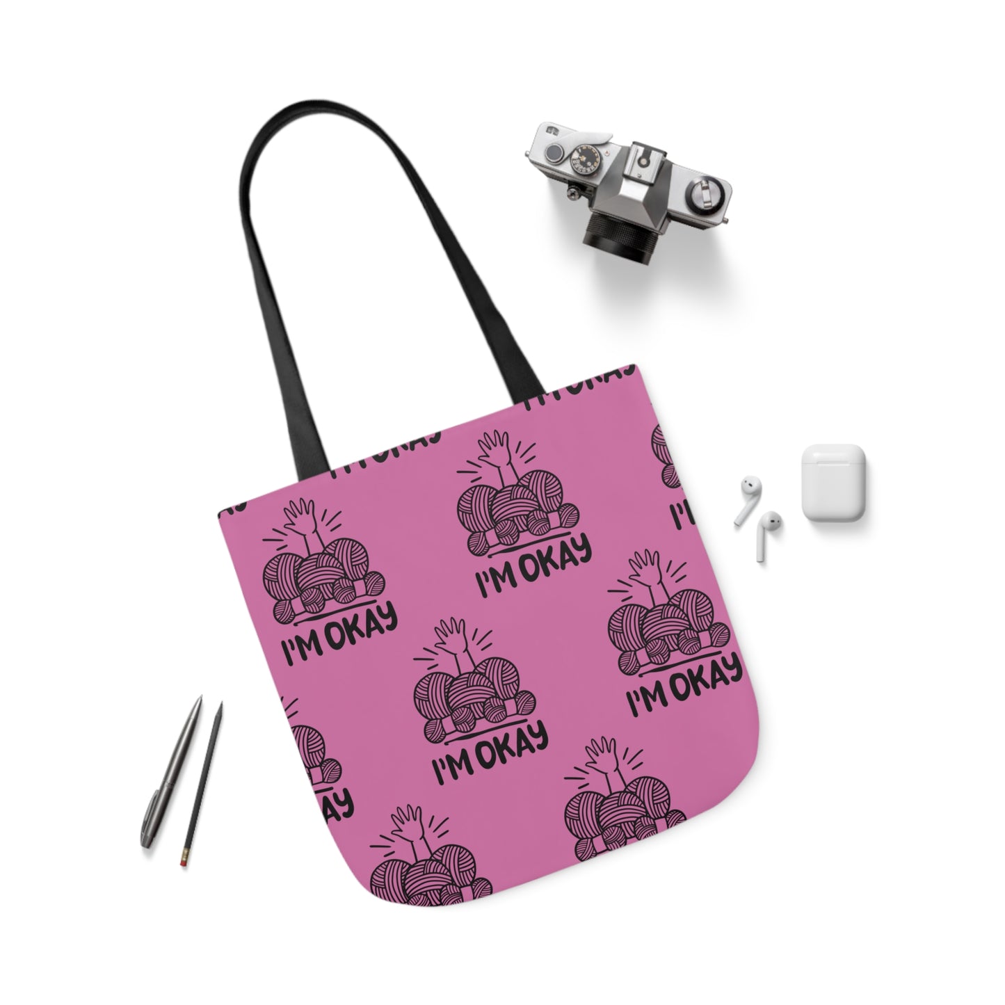I'm Okay Pattern Canvas Tote Bag, 5-Color Straps, 3 Background Colors, 3 Sizes