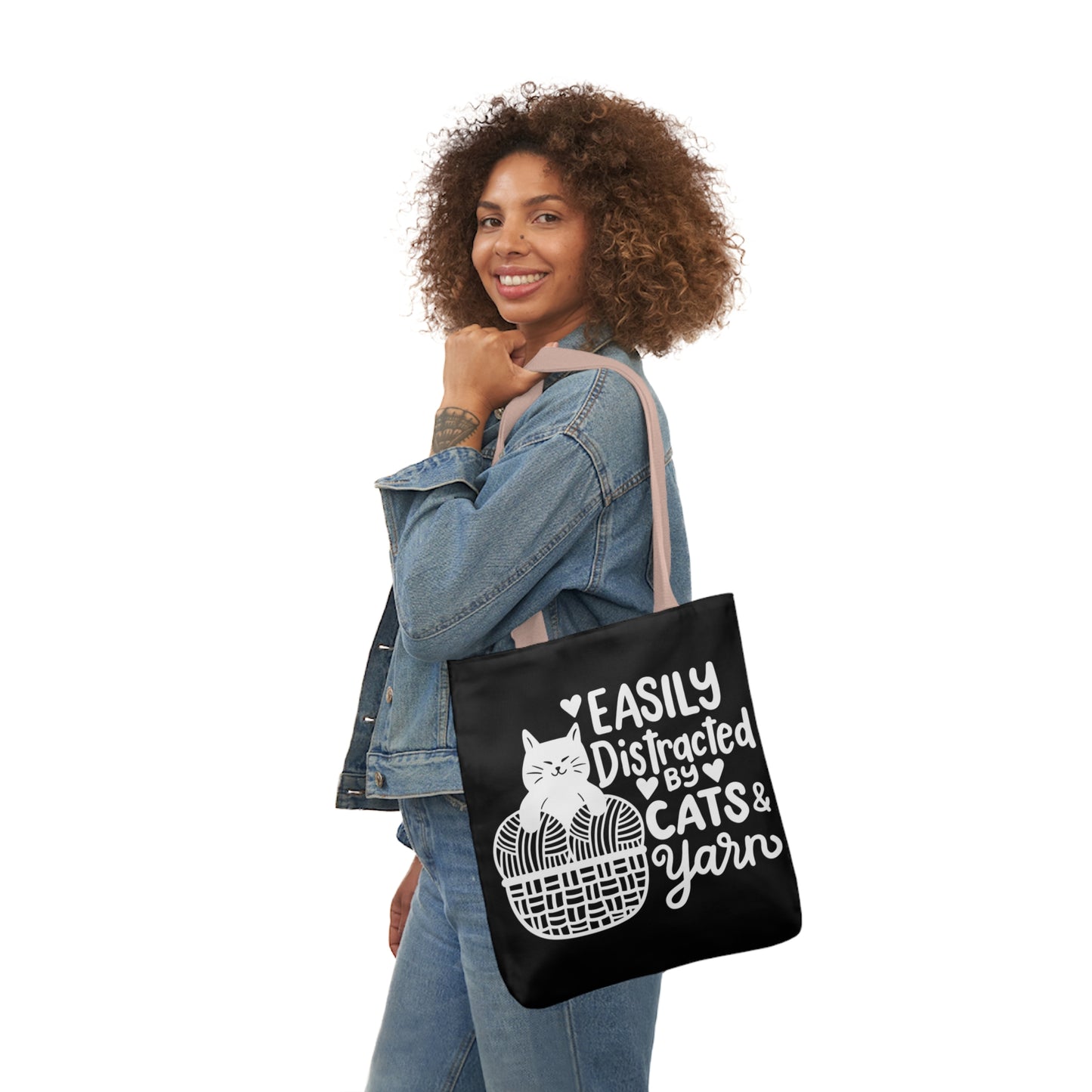 Easily distracted By Cats and Yarn, Canvas Tote Bag, 5-Color Straps, 3 Sizes Yarn Bag