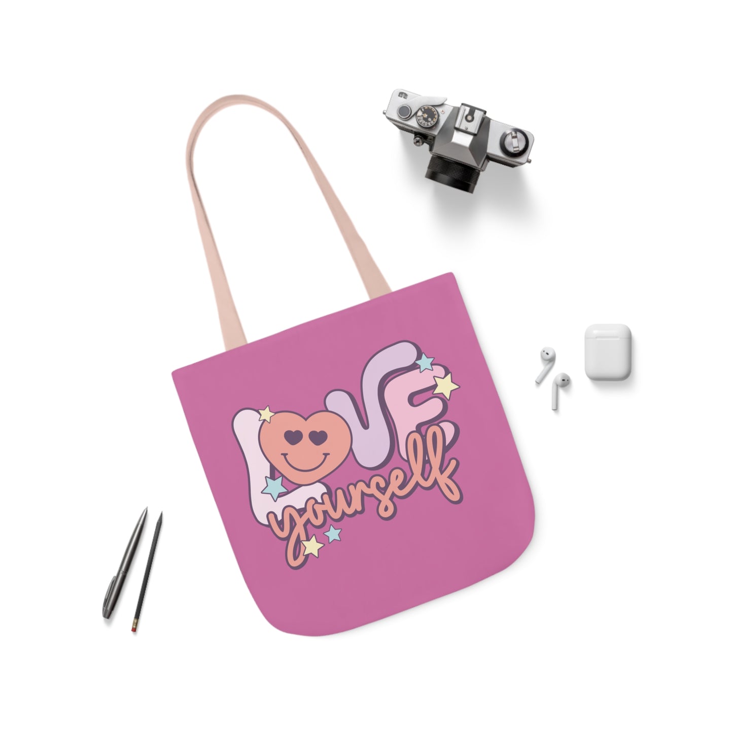 Love Yourself, Inspirational Canvas Tote Bag, 5-Color Straps, 3 Sizes