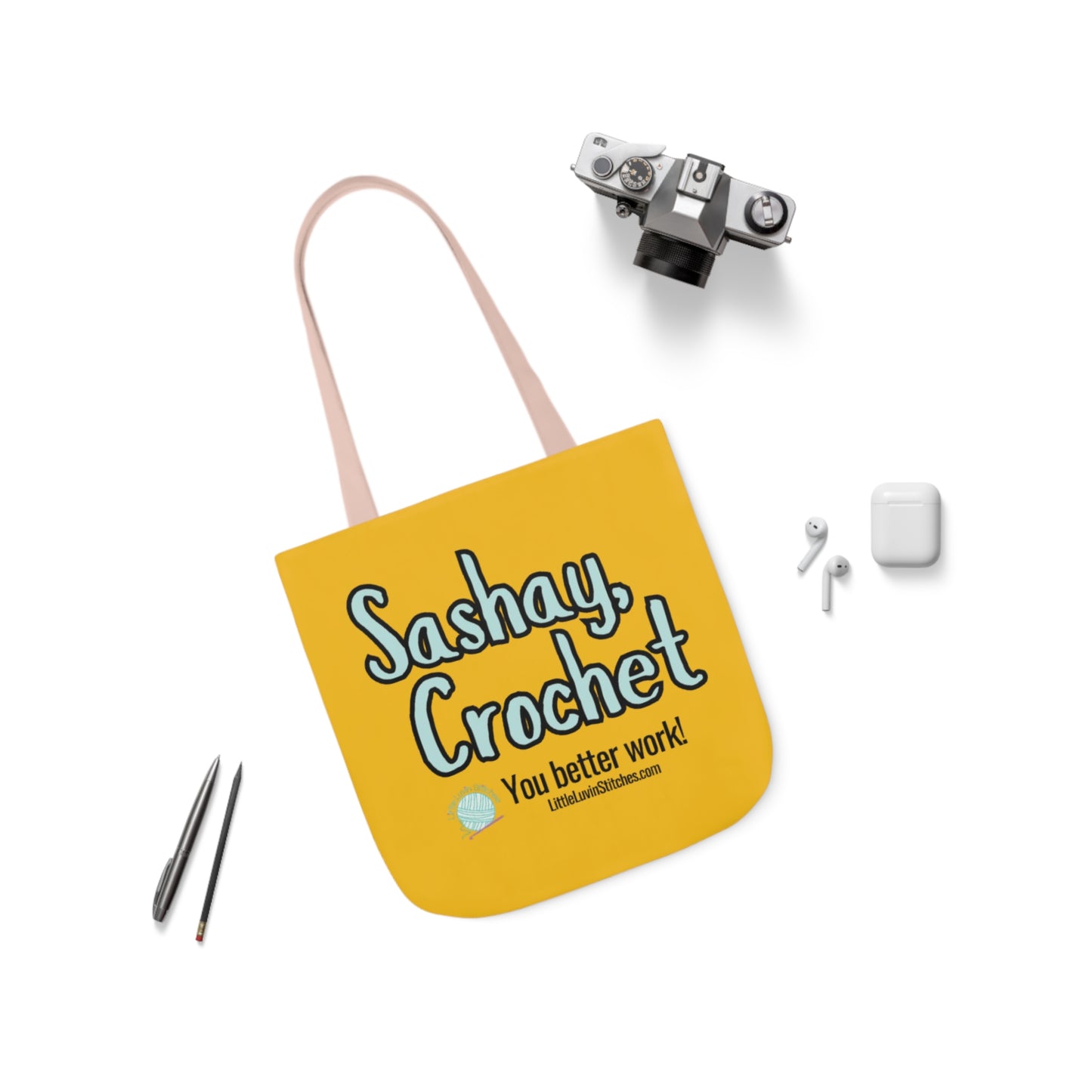 Sashay Crochet Cute Saying Canvas Tote Bag, 5-Color Straps, 3 Sizes