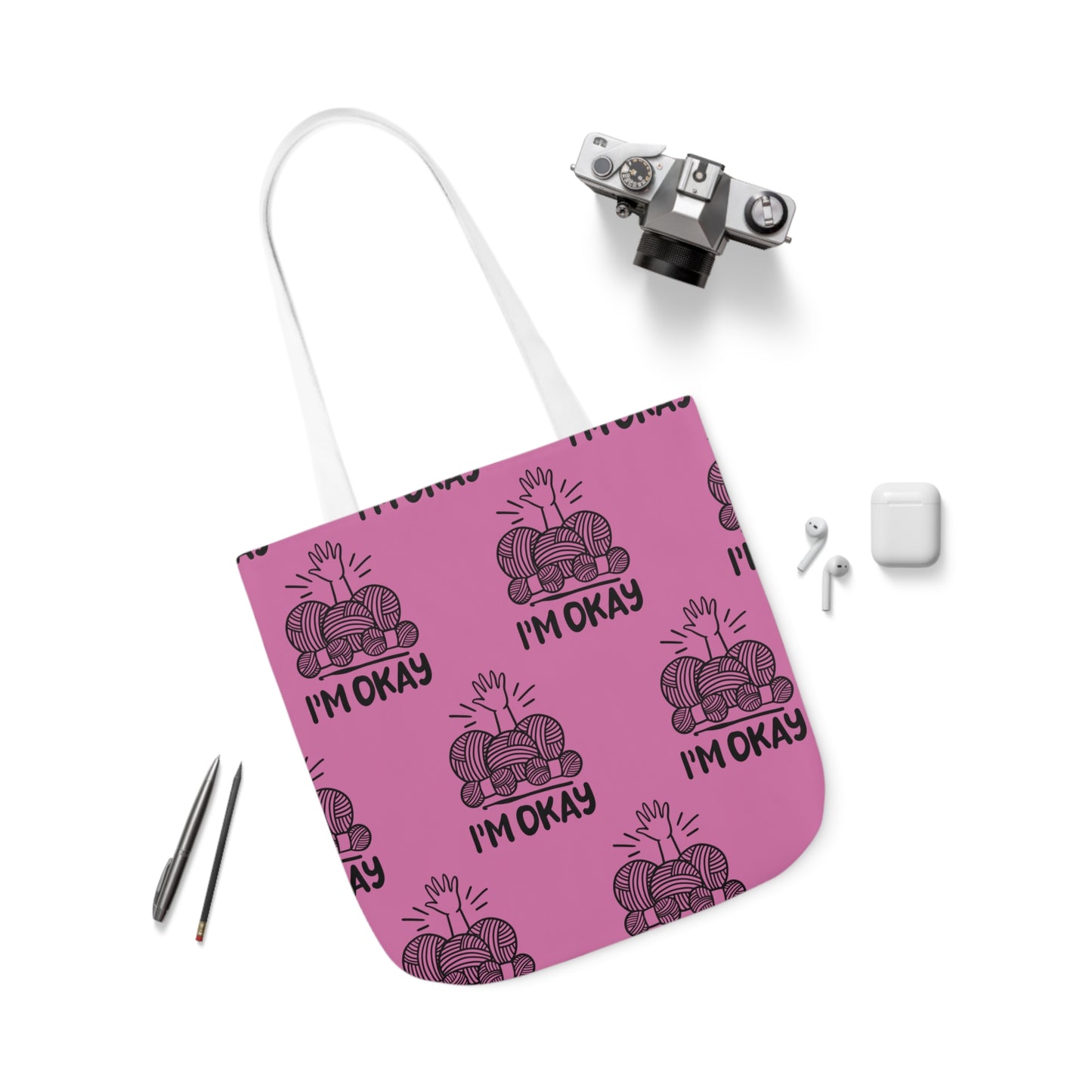 I'm Okay Pattern Canvas Tote Bag, 5-Color Straps, 3 Background Colors, 3 Sizes