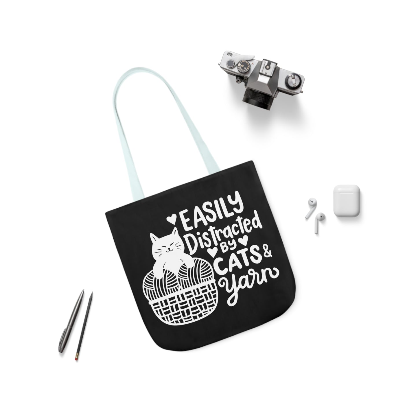 Easily distracted By Cats and Yarn, Canvas Tote Bag, 5-Color Straps, 3 Sizes Yarn Bag