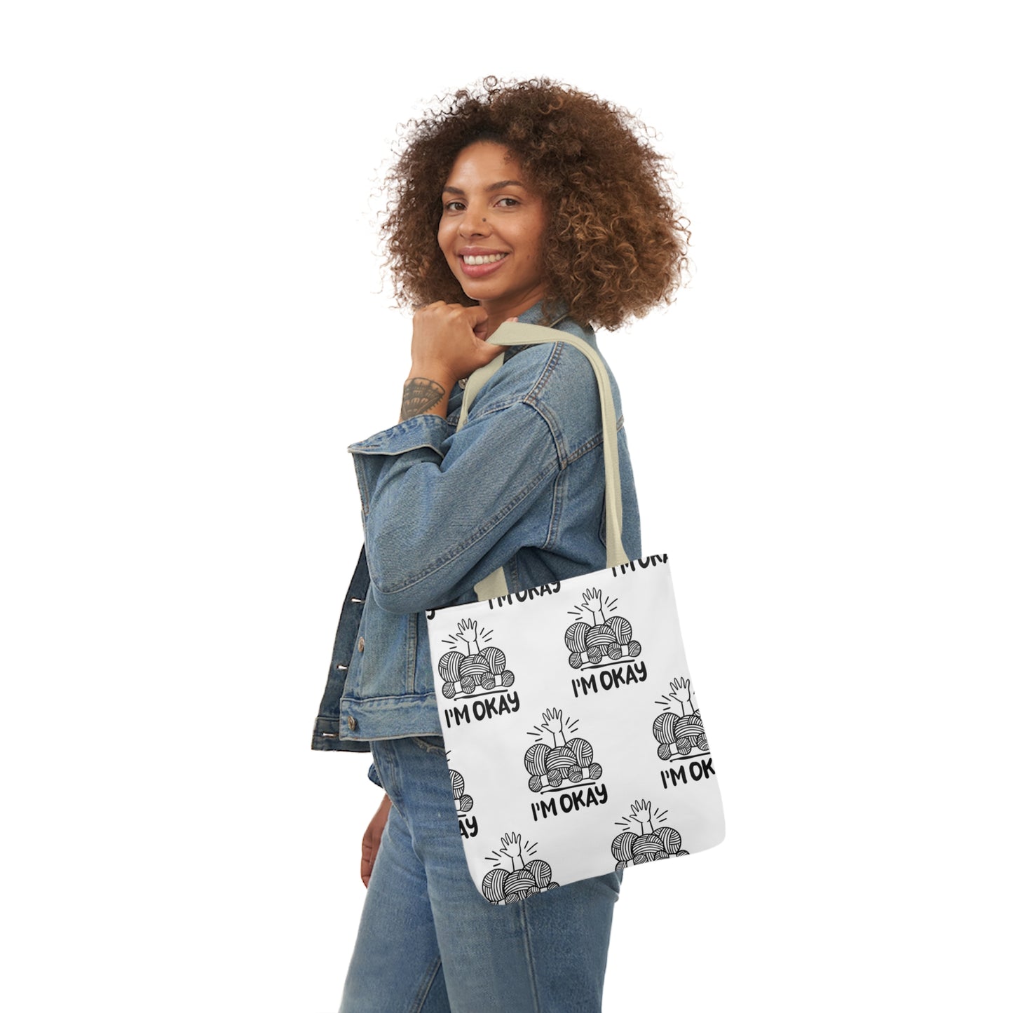 I'm Okay Pattern Canvas Tote Bag, 5-Color Straps, 3 Background Colors, 3 Sizes