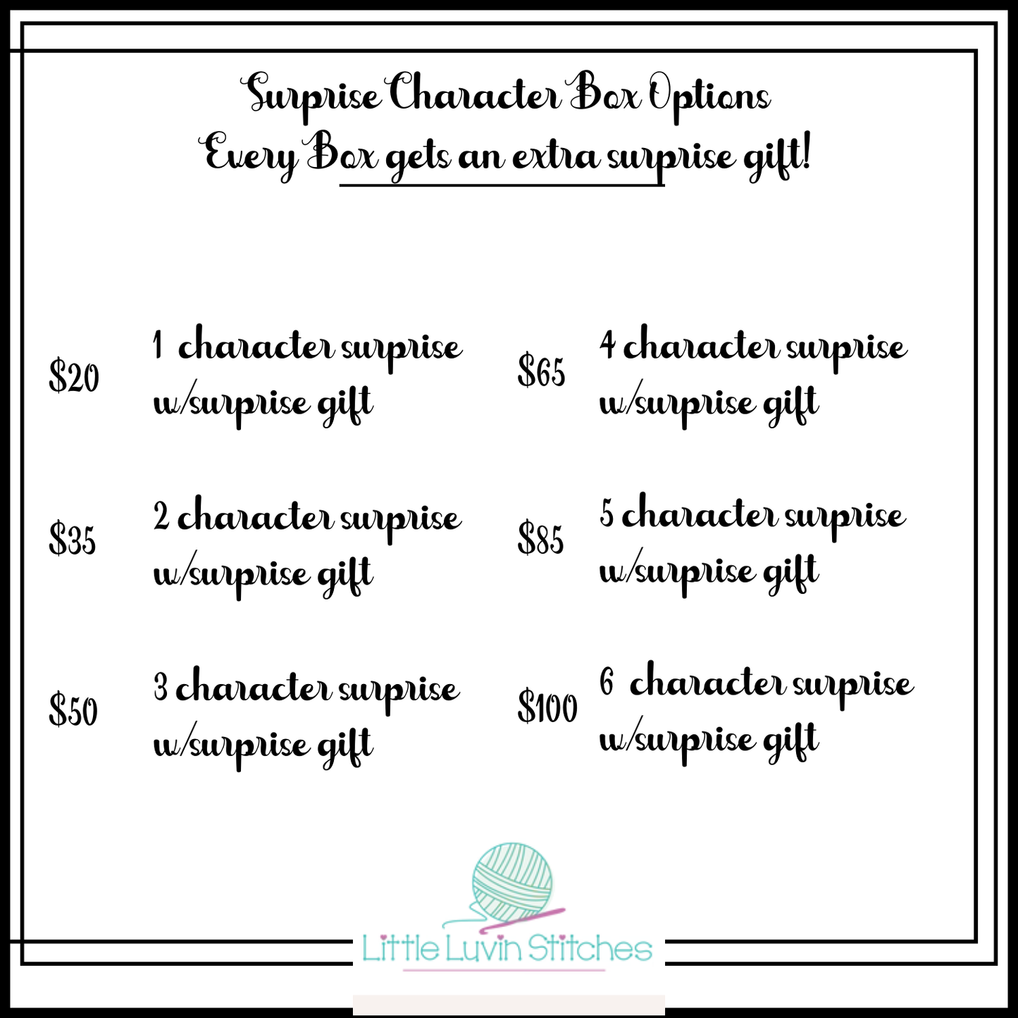 Surprise Plushie Chararcter Boxes, 6 Options, Extra Gift Included