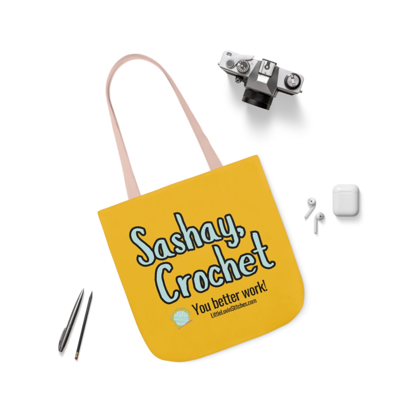 Sashay Crochet Cute Saying Canvas Tote Bag, 5-Color Straps, 3 Sizes