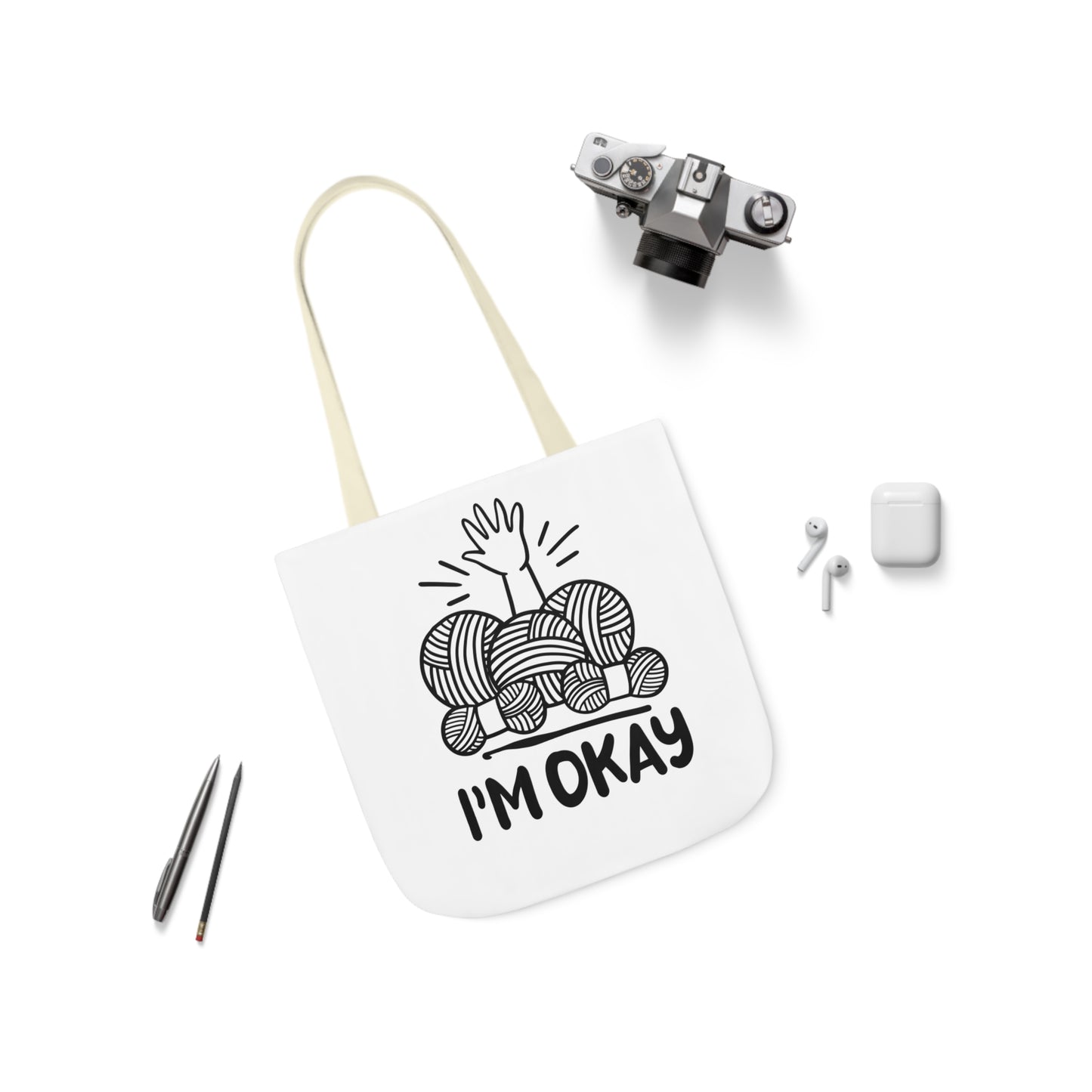 I'm Okay Cute Crochet Themed Canvas Tote Bag, 5-Color Straps