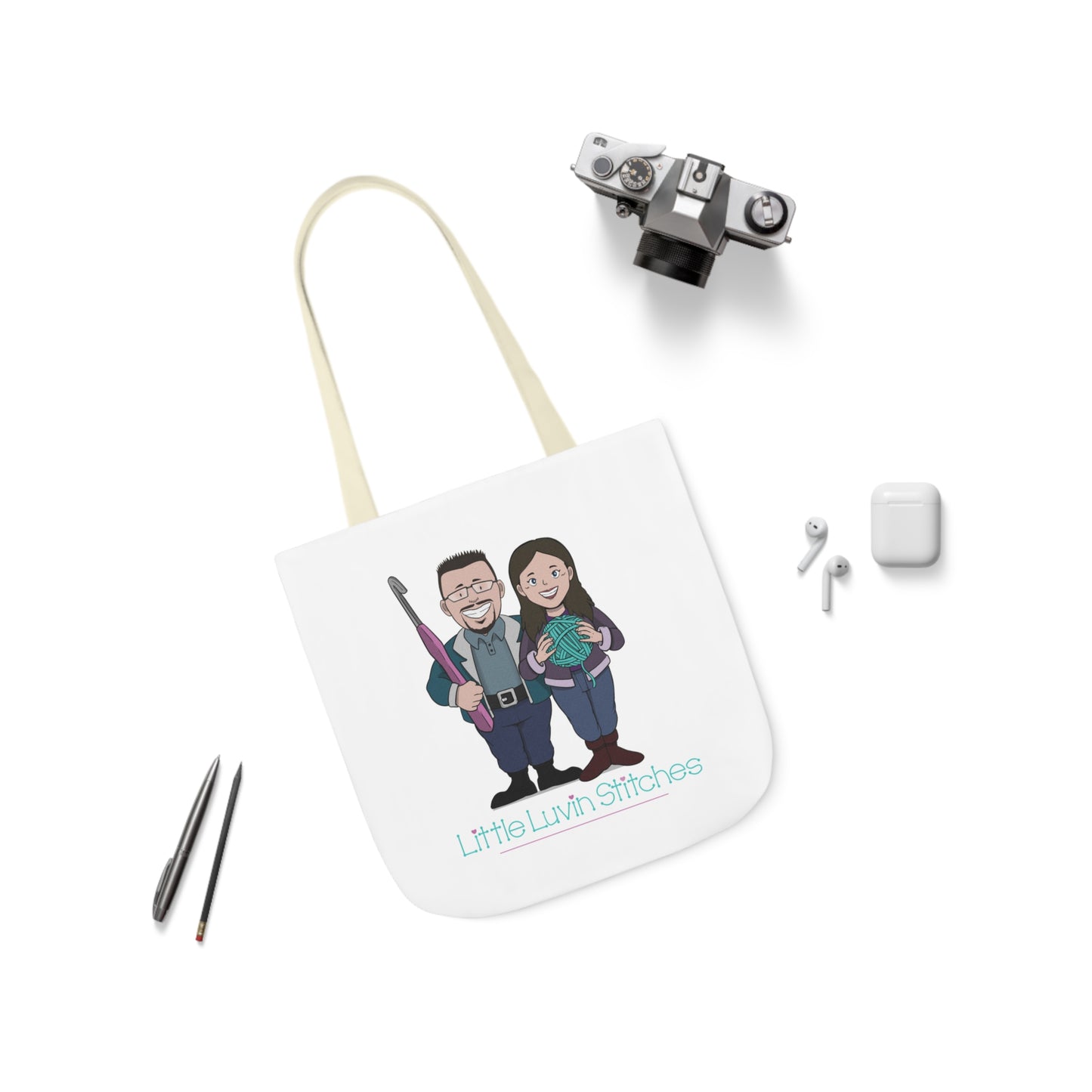 Crochet Couple Canvas Tote Bag, 5-Color Straps, 3 Sizes