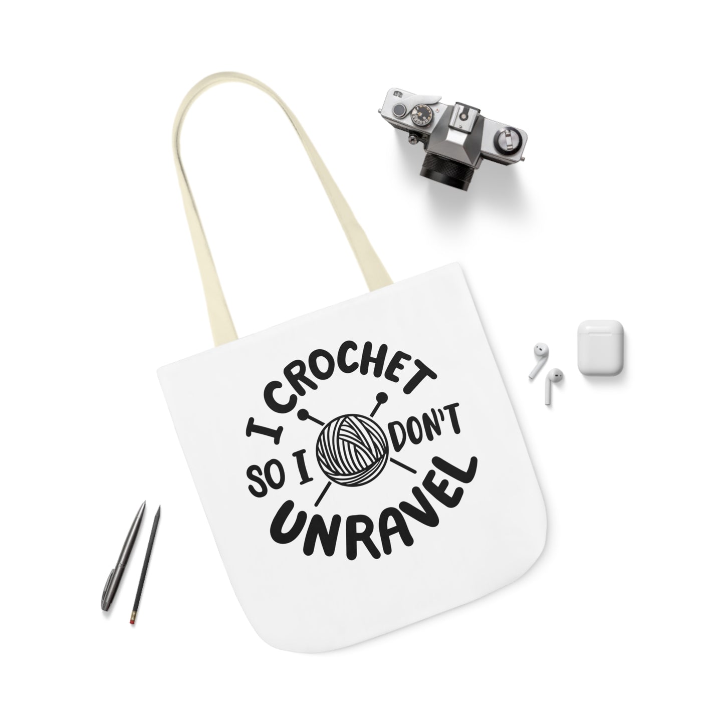I Crochet So I Don't Unravel Cute Canvas Tote Bag, 5-Color Straps, 3 Sizes, Yarn Bag