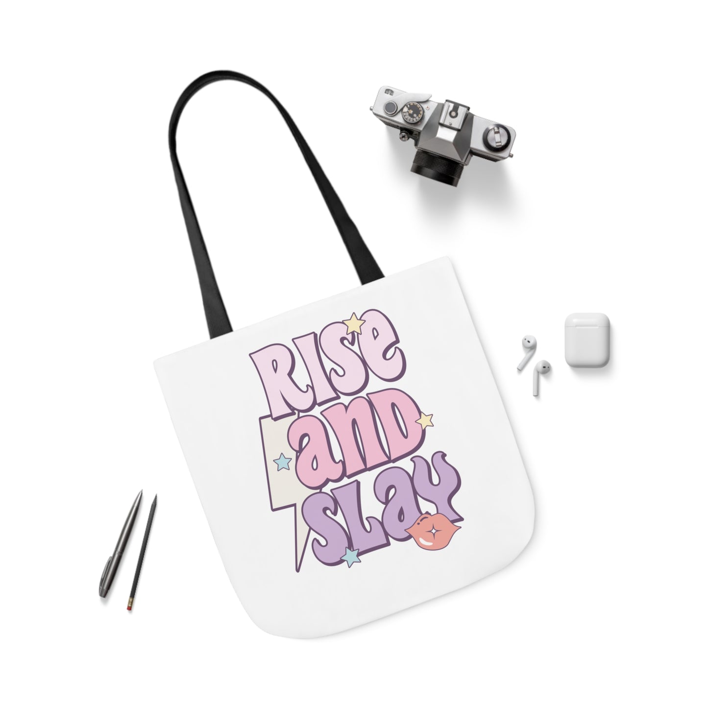 Canvas Tote Bag, 5-Color Straps, 3 Sizes, Rise and Slay, Cute Saying Bag