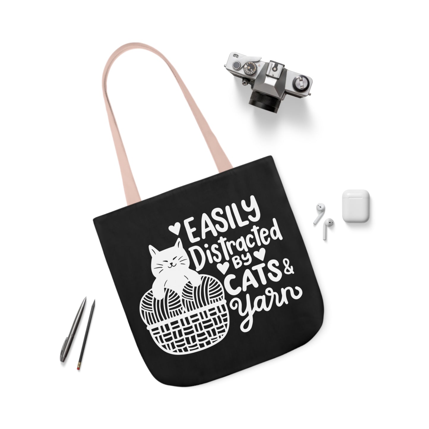 Easily distracted By Cats and Yarn, Canvas Tote Bag, 5-Color Straps, 3 Sizes Yarn Bag