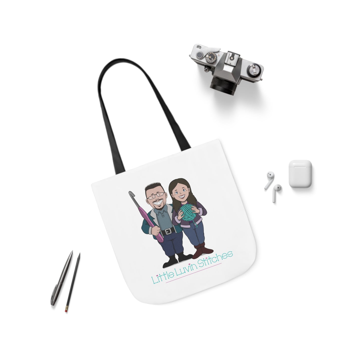 Crochet Couple Canvas Tote Bag, 5-Color Straps, 3 Sizes