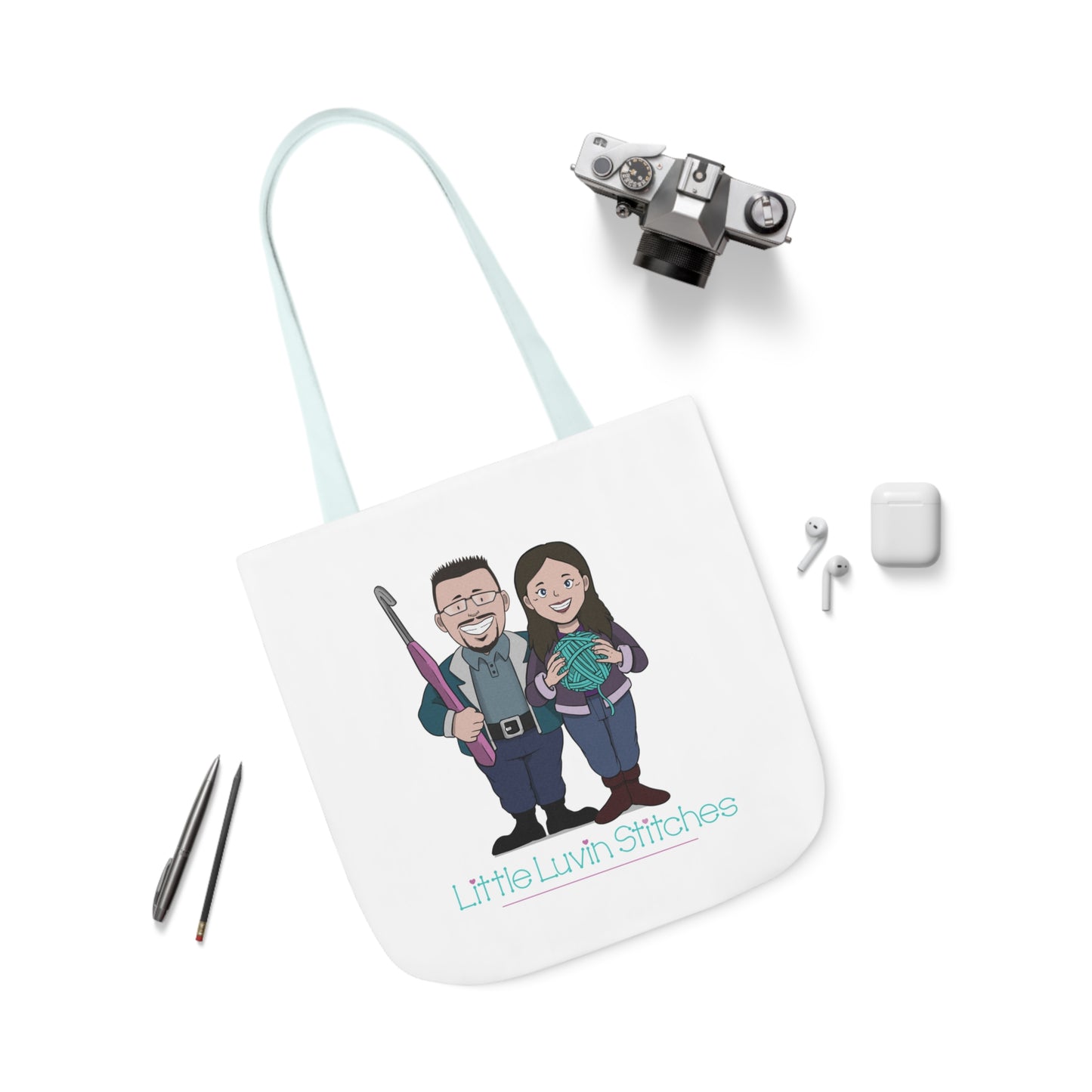 Crochet Couple Canvas Tote Bag, 5-Color Straps, 3 Sizes