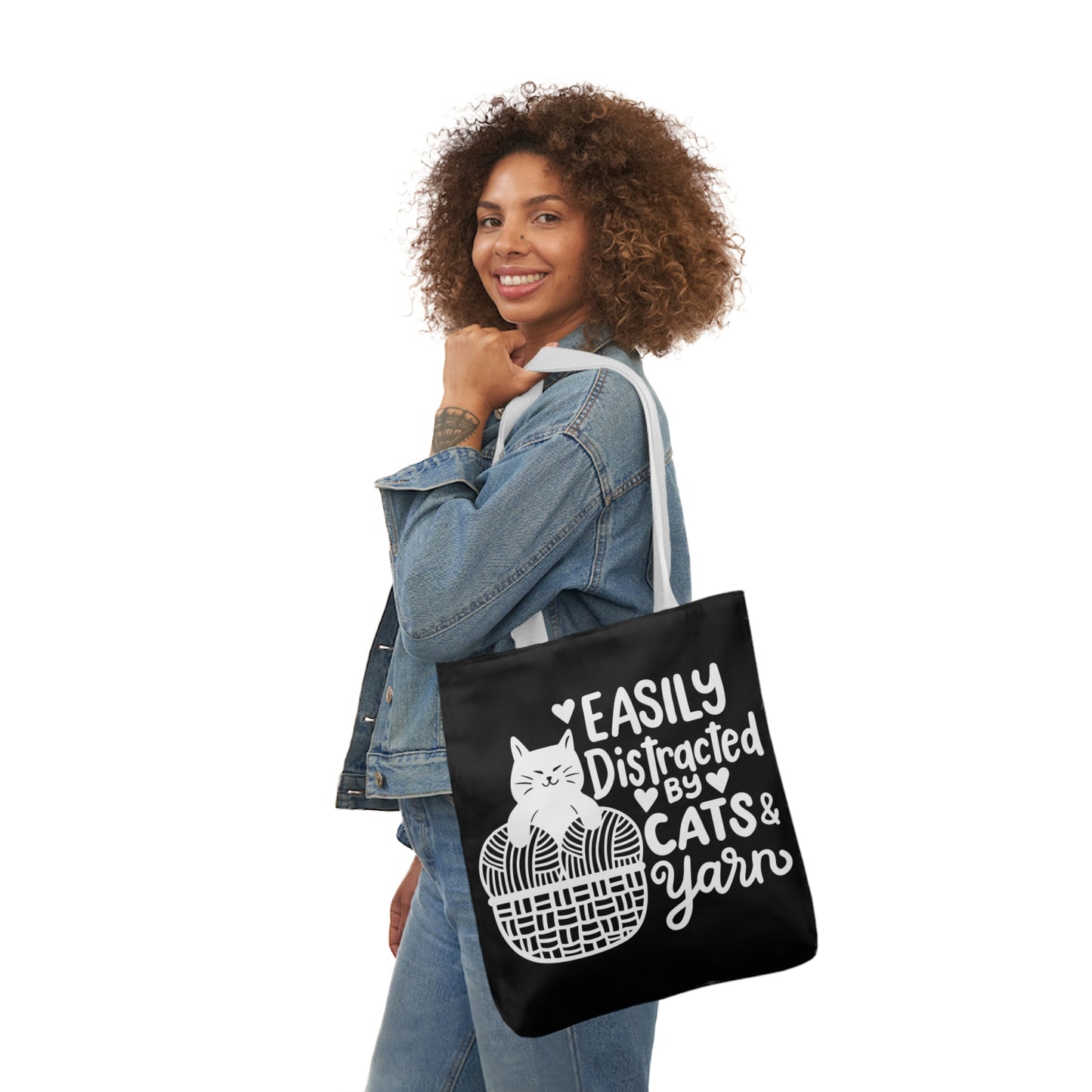 Easily distracted By Cats and Yarn, Canvas Tote Bag, 5-Color Straps, 3 Sizes Yarn Bag