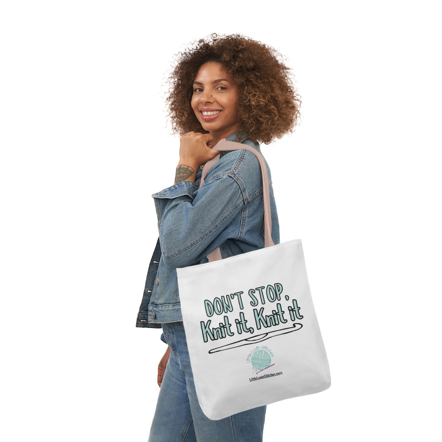 Don't Stop Knit It Knit It Funny Saying Canvas Tote Bag, 5-Color Straps, 3 Sizes
