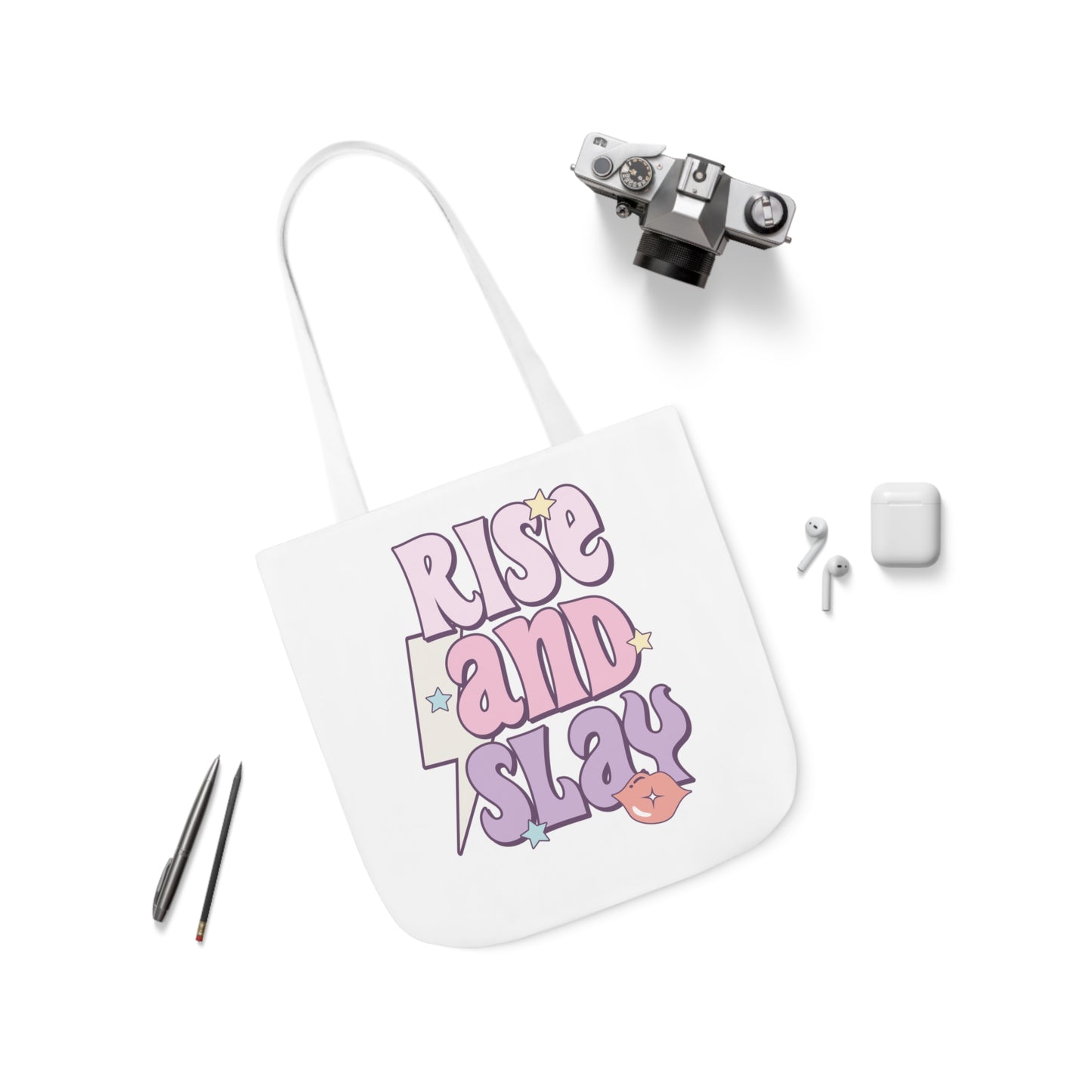 Canvas Tote Bag, 5-Color Straps, 3 Sizes, Rise and Slay, Cute Saying Bag