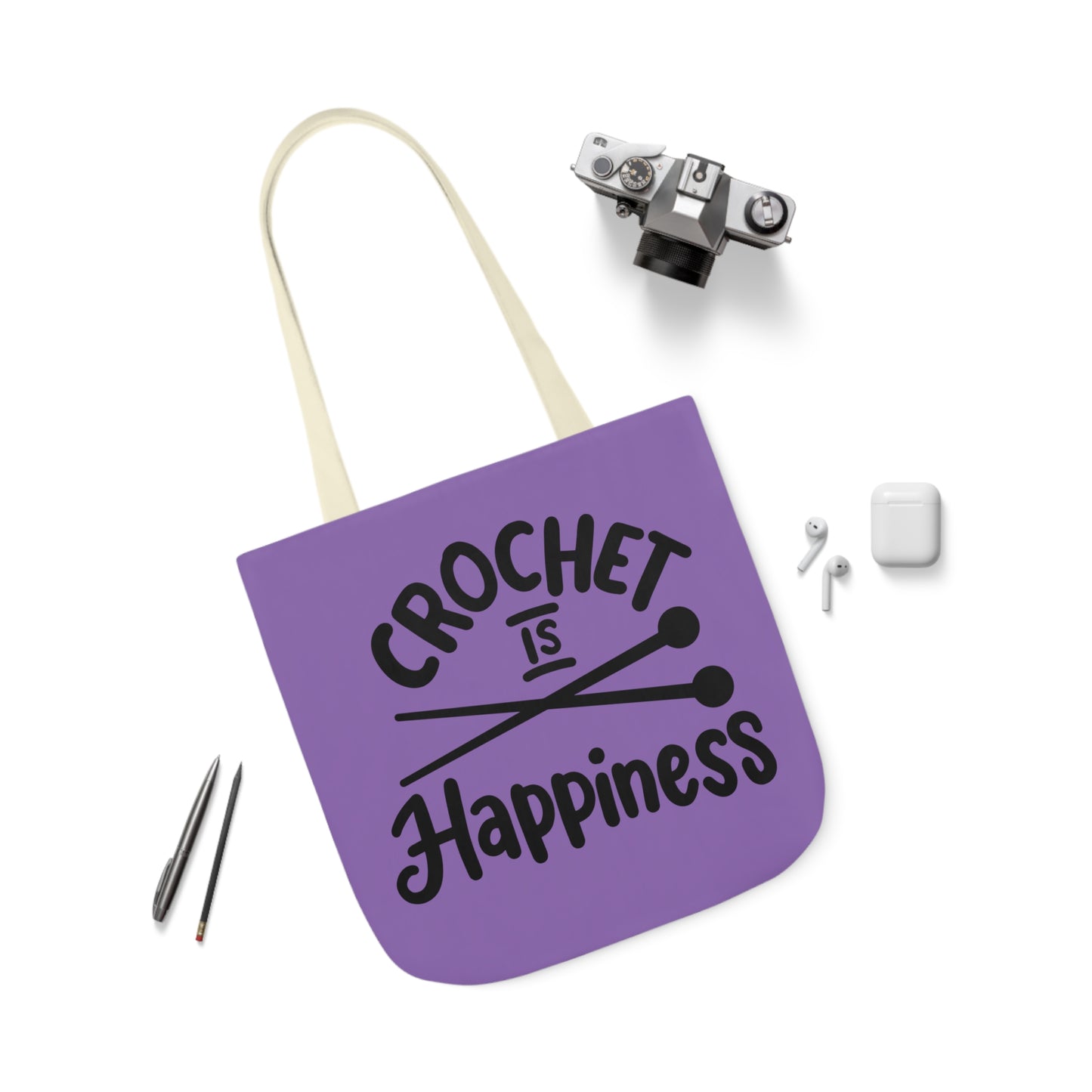 Crochet is Happiness Canvas Tote Bag, 5-Color Straps, 3 Sizes