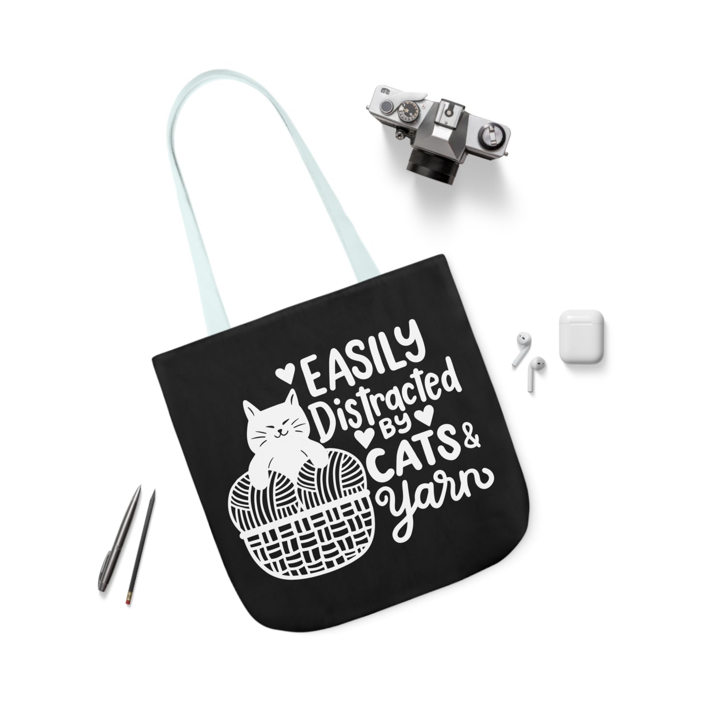 Easily distracted By Cats and Yarn, Canvas Tote Bag, 5-Color Straps, 3 Sizes Yarn Bag