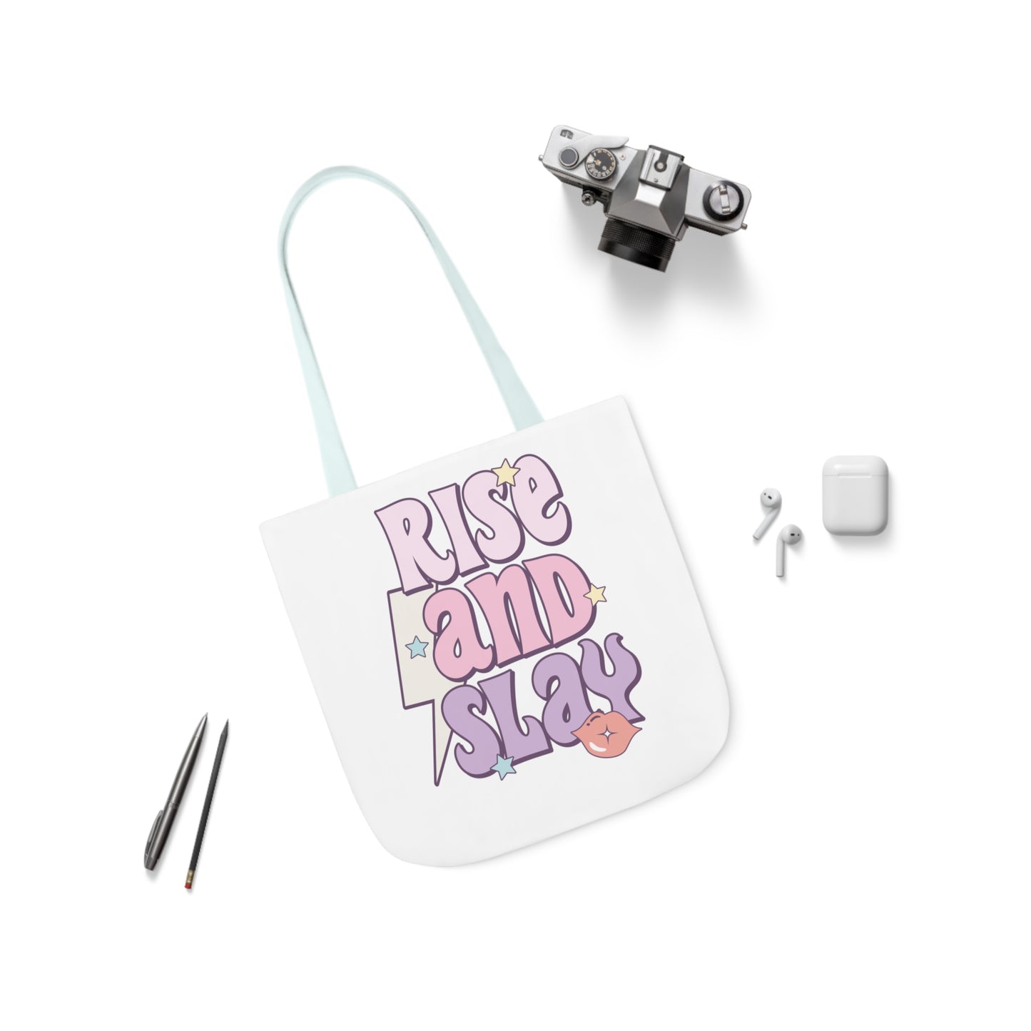 Canvas Tote Bag, 5-Color Straps, 3 Sizes, Rise and Slay, Cute Saying Bag