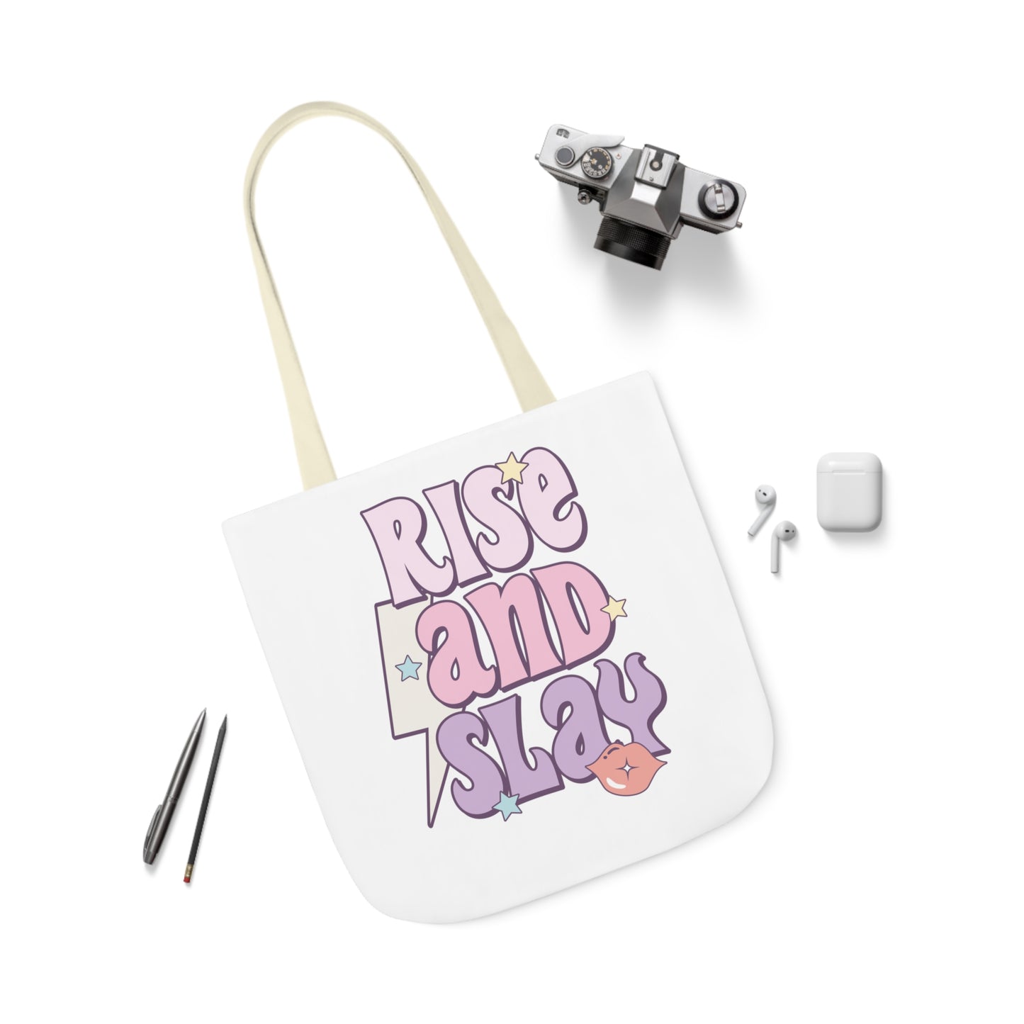 Canvas Tote Bag, 5-Color Straps, 3 Sizes, Rise and Slay, Cute Saying Bag