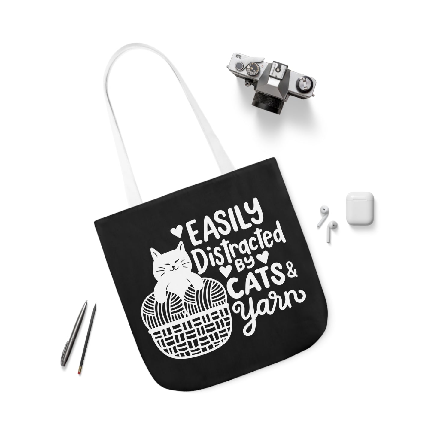 Easily distracted By Cats and Yarn, Canvas Tote Bag, 5-Color Straps, 3 Sizes Yarn Bag
