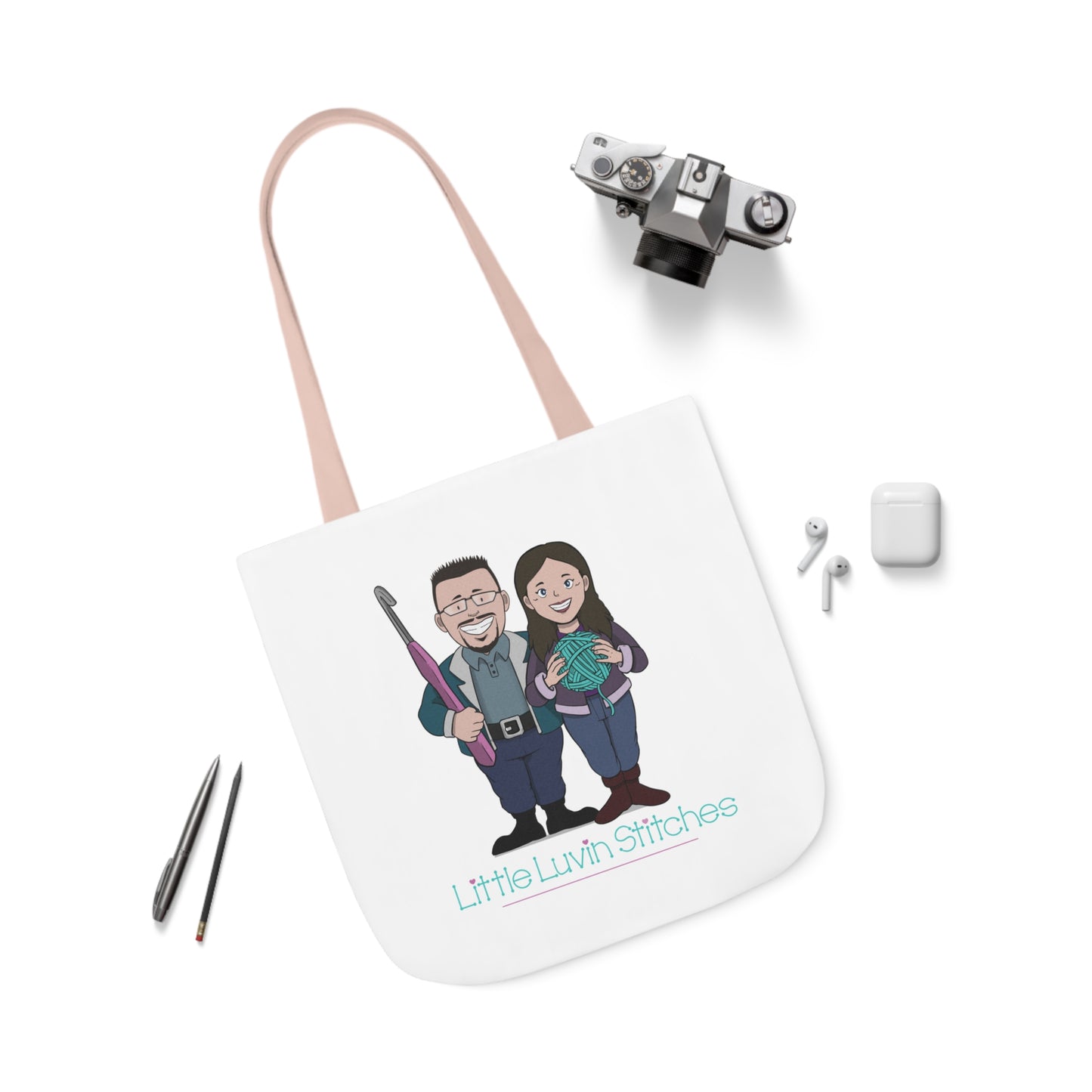 Crochet Couple Canvas Tote Bag, 5-Color Straps, 3 Sizes