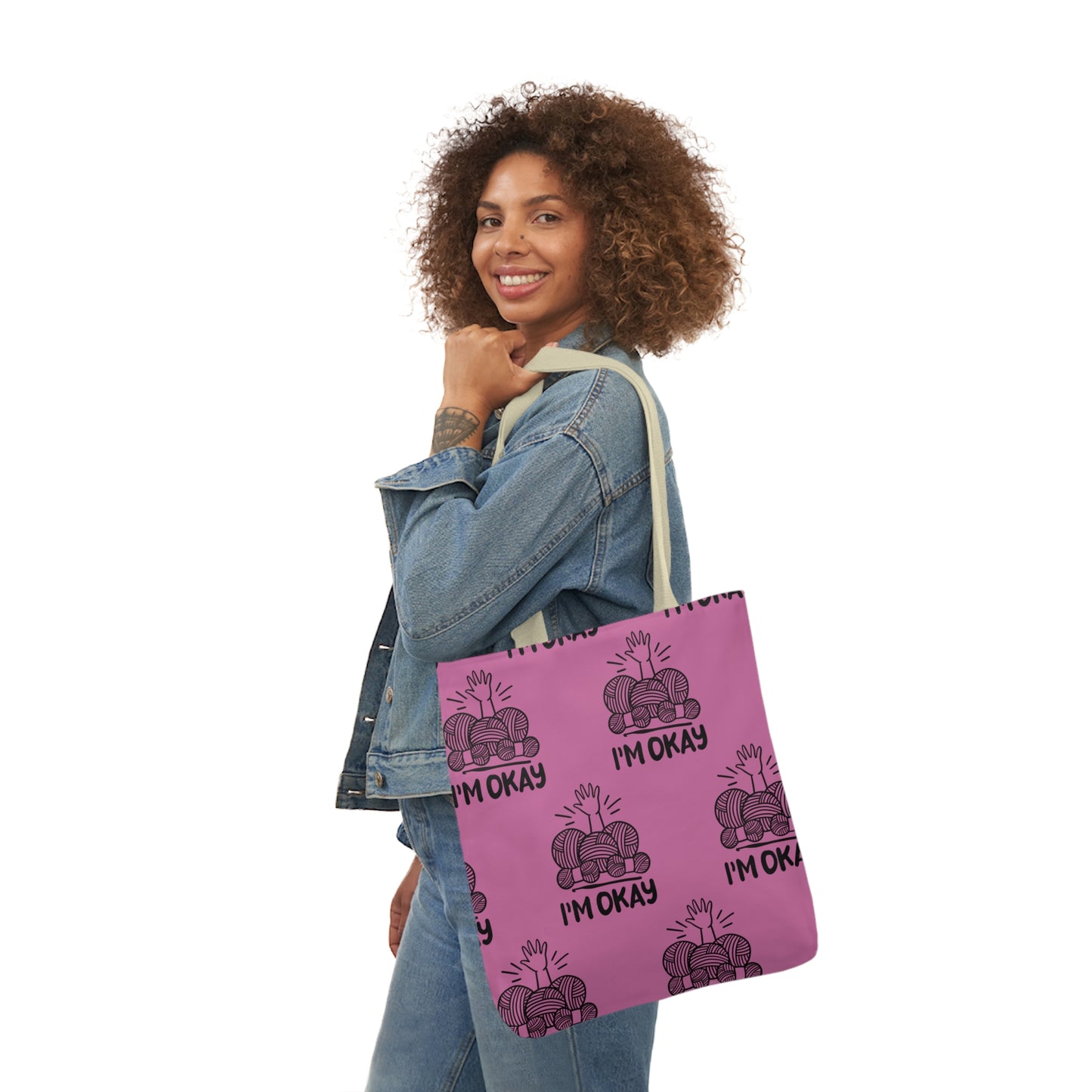 I'm Okay Pattern Canvas Tote Bag, 5-Color Straps, 3 Background Colors, 3 Sizes