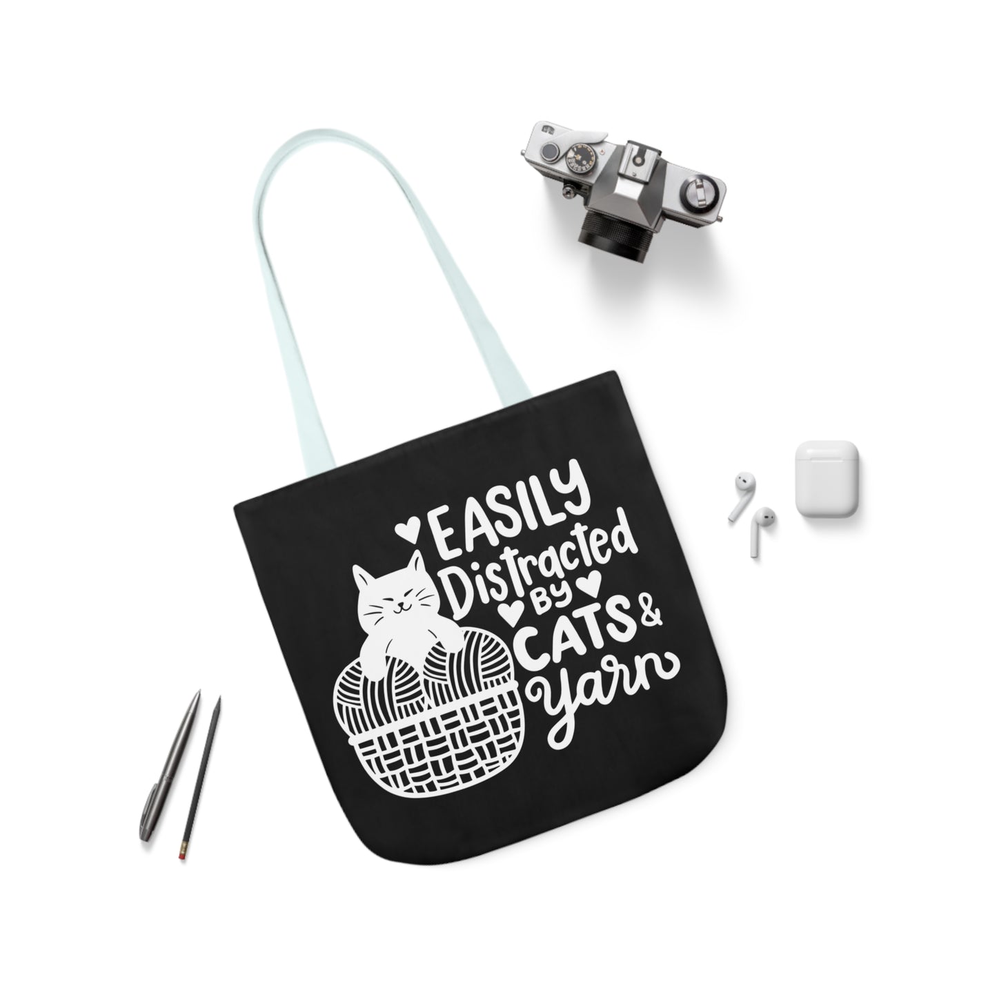 Easily distracted By Cats and Yarn, Canvas Tote Bag, 5-Color Straps, 3 Sizes Yarn Bag