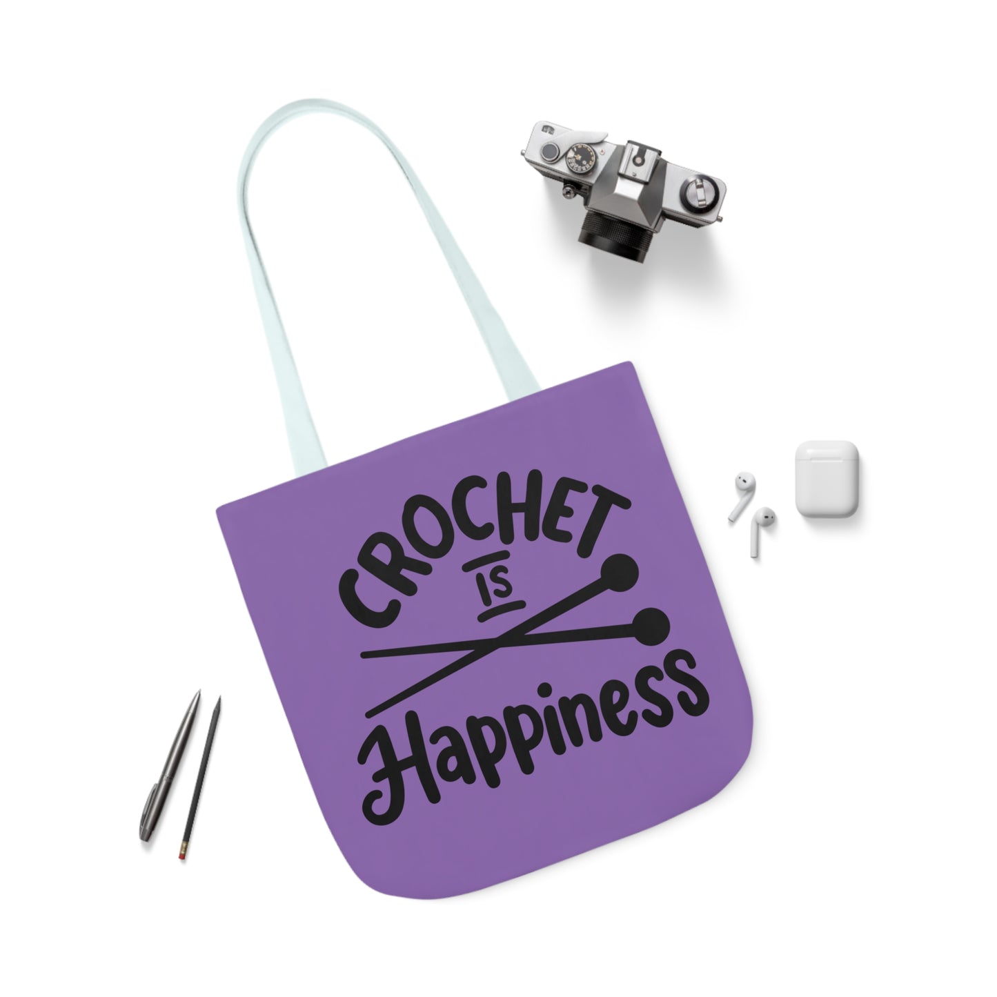 Crochet is Happiness Canvas Tote Bag, 5-Color Straps, 3 Sizes