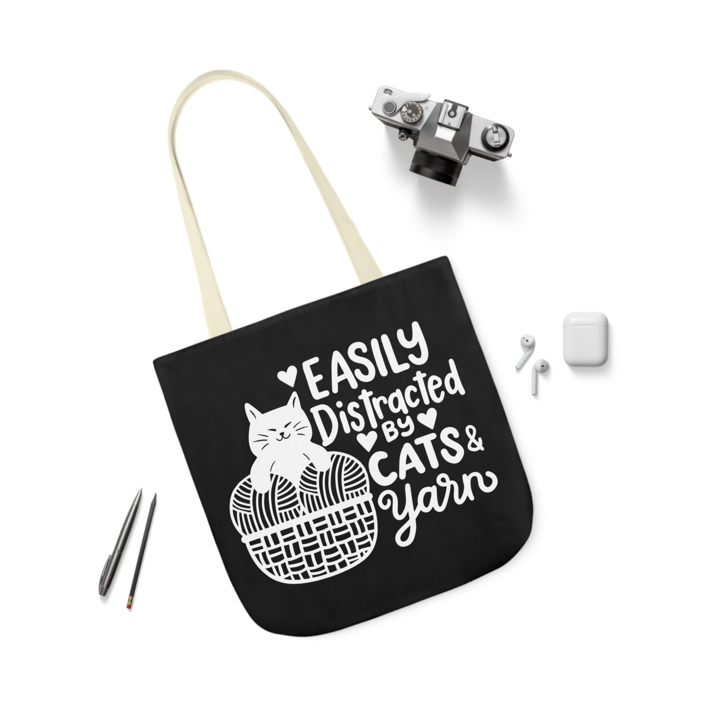 Easily distracted By Cats and Yarn, Canvas Tote Bag, 5-Color Straps, 3 Sizes Yarn Bag