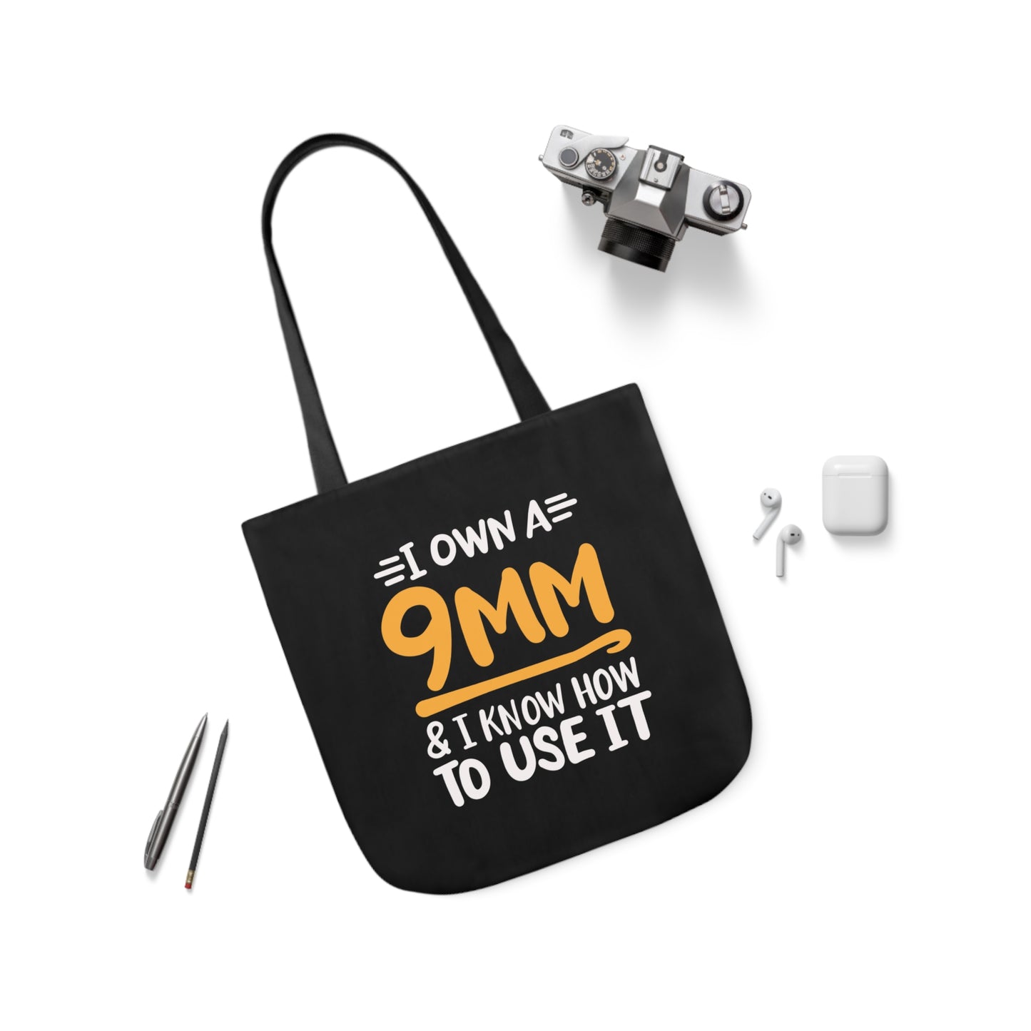 I own a 9mm and I know how to use it, Canvas Tote Bag, 3 Color Choices, 5-Color Straps, 3 Sizes
