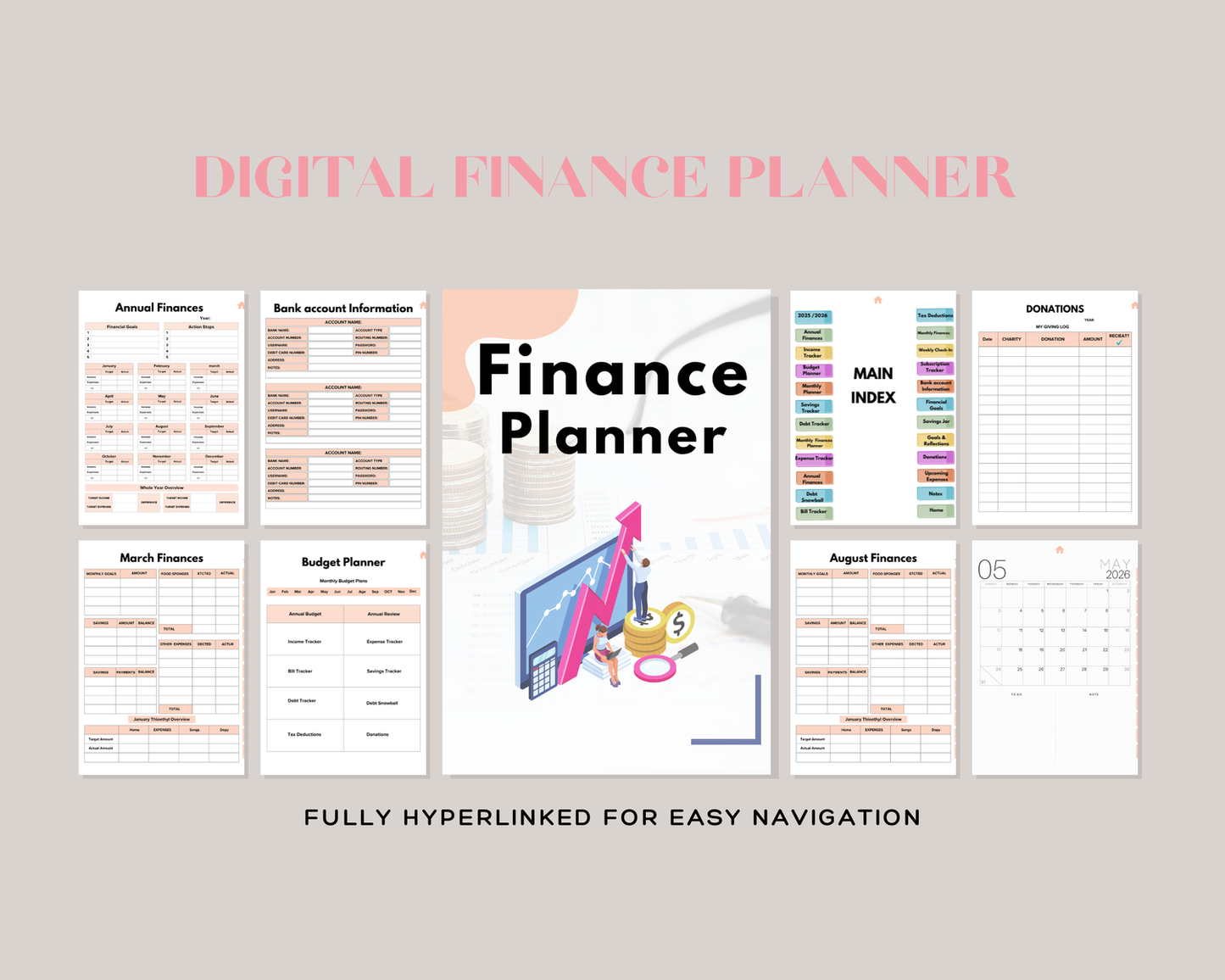 Digital finance planner with various sections on a light gray background