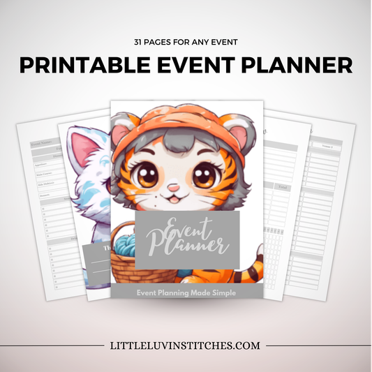 Printable event planner with cartoon tiger character on a light gray background